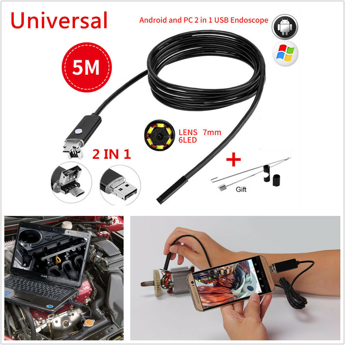 7mm 5M Car Endoscope HD 6Led Android PC USB Borescope Inspection Camera-US Stock
