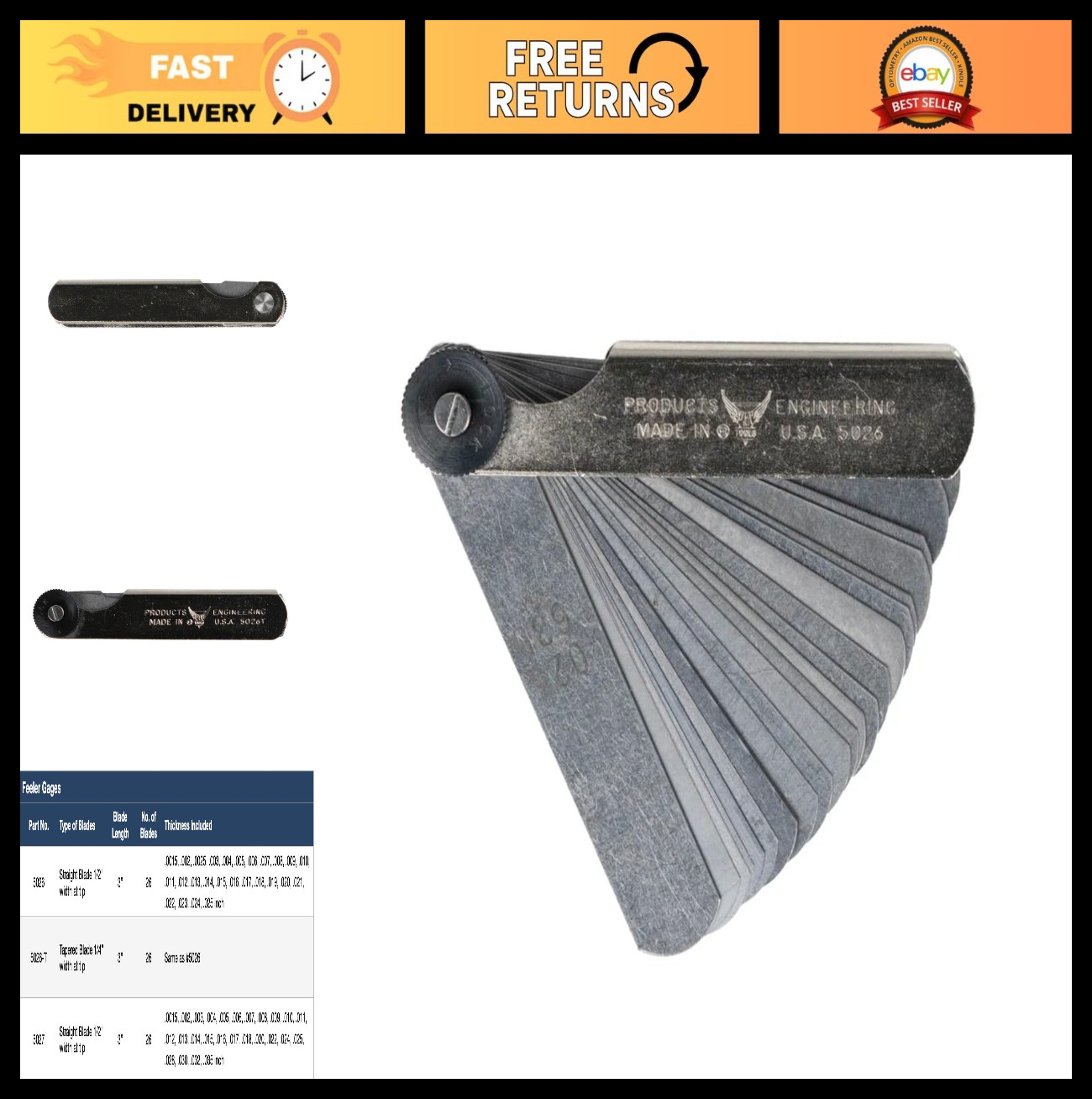 26-Blade Feeler Gauge Set, Precision Measurement 0.0015-0.025″, USA Made Tool