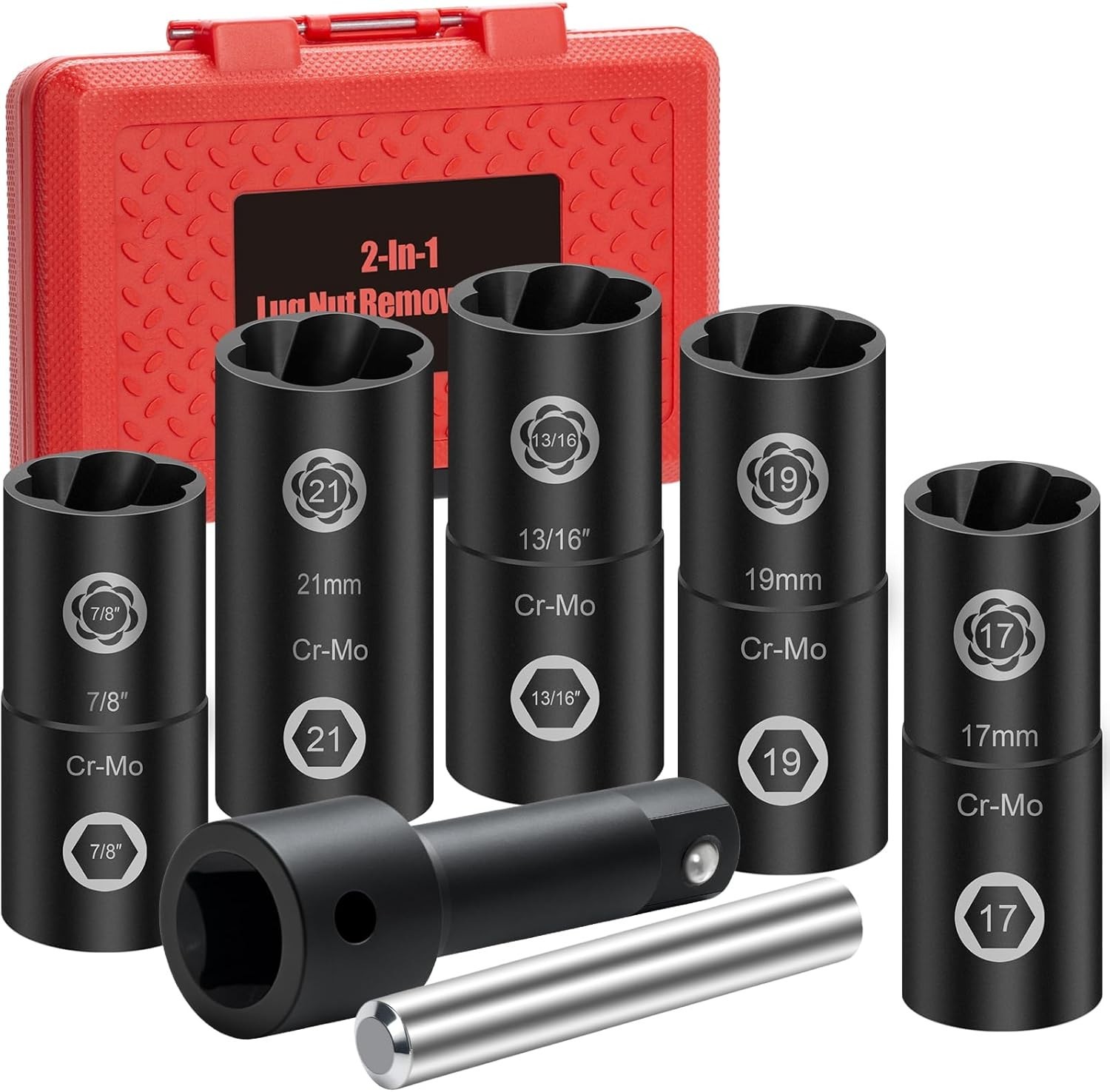 2 IN 1 Lug Nut Socket Set & Wheel Lock Removal Kit, 7 Piece Flip Socket Desig