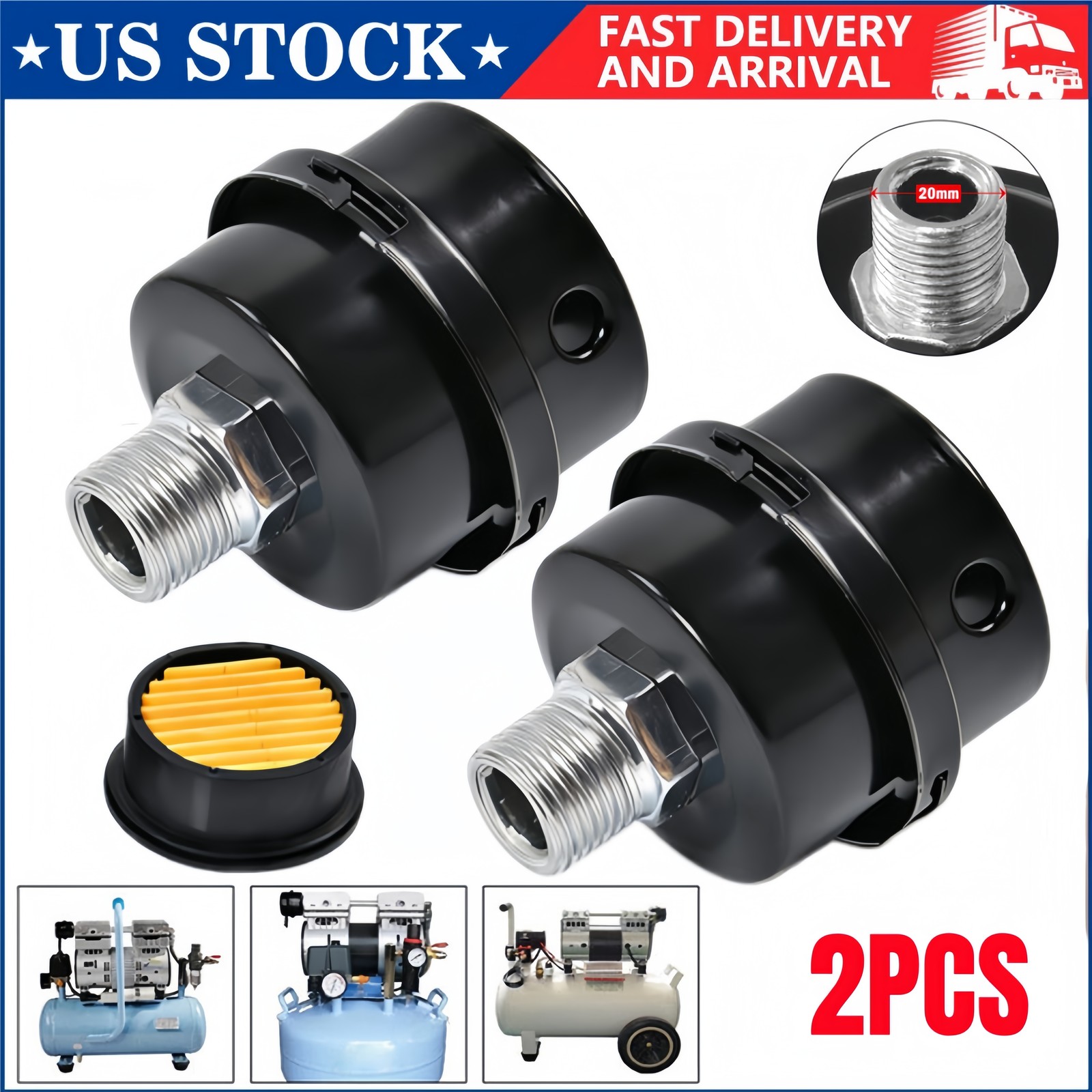2 Pack 1/2″ NPT Air Compressor Silencer Filter 20 mm Metal Noise Muffler Intake