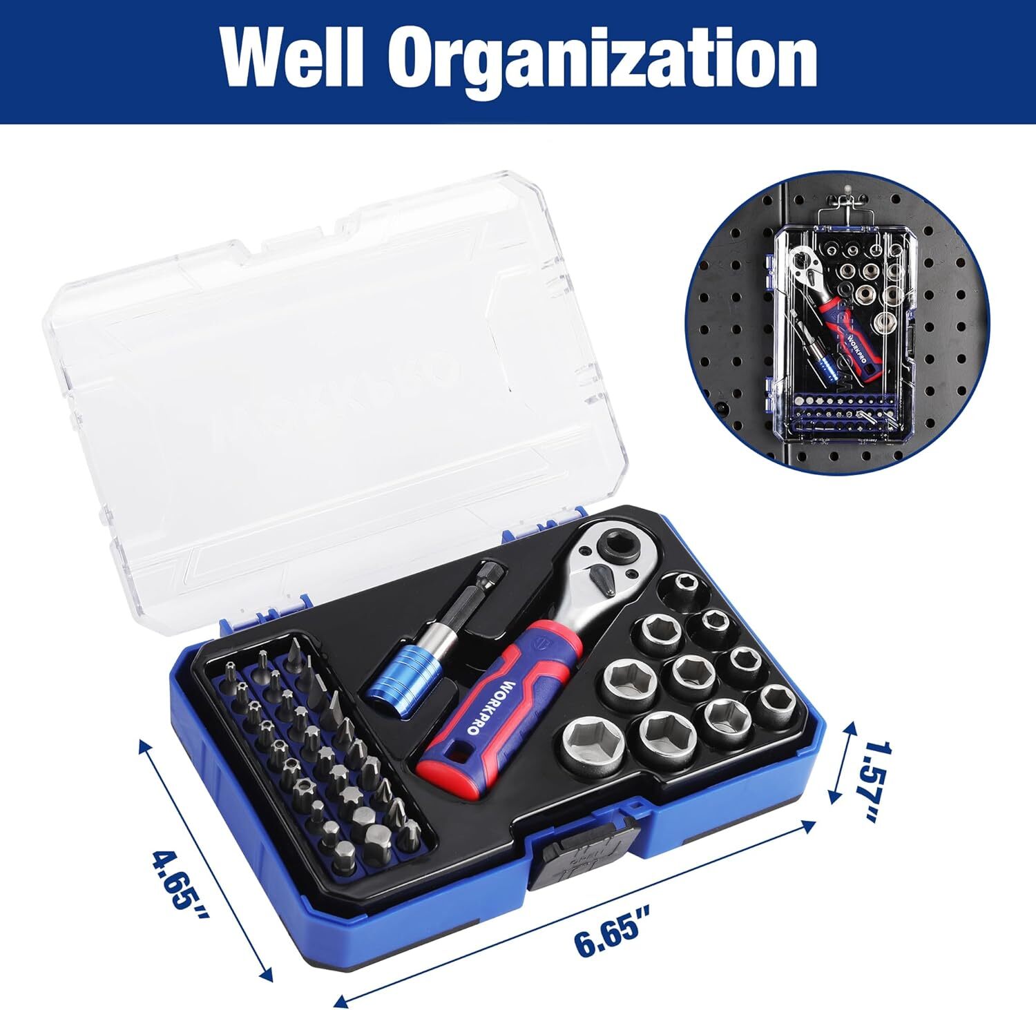 WORKPRO 42 PCS 1/4″ Dr. Master Socket Set Metric with Dual Blue, Red, Silver