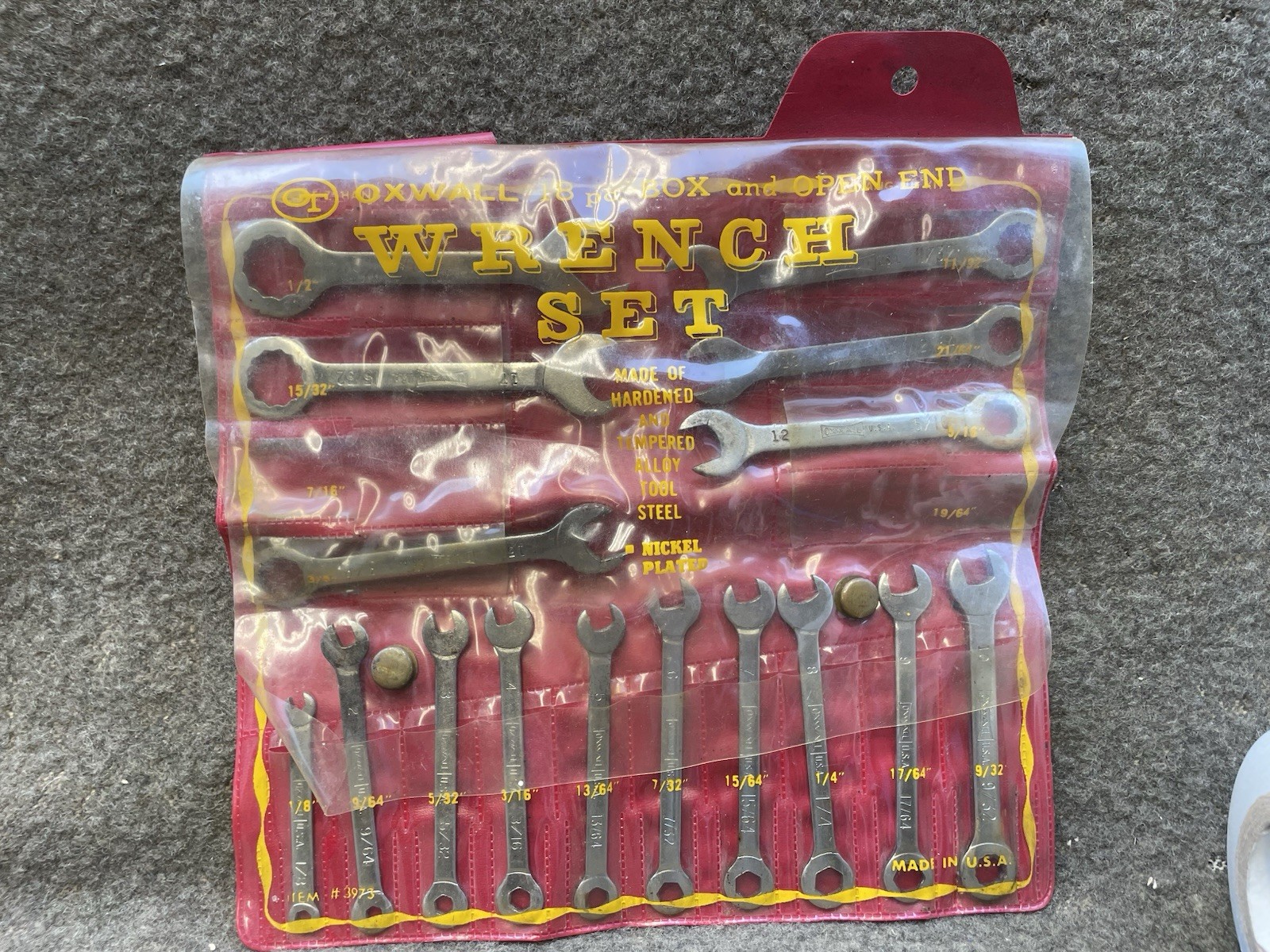 Vintage Oxwall #3973 16 Pc. Box & Open Wrench Set SAE E-Z HANG-UP KIT