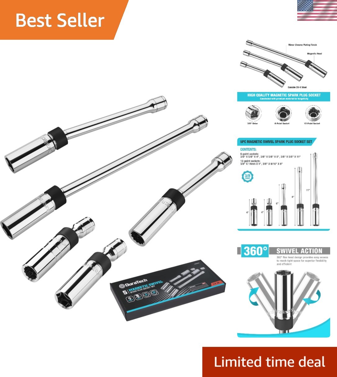 5PCS Swivel Socket Set with Chrome Vanadium Steel – Perfect for Tight Spaces