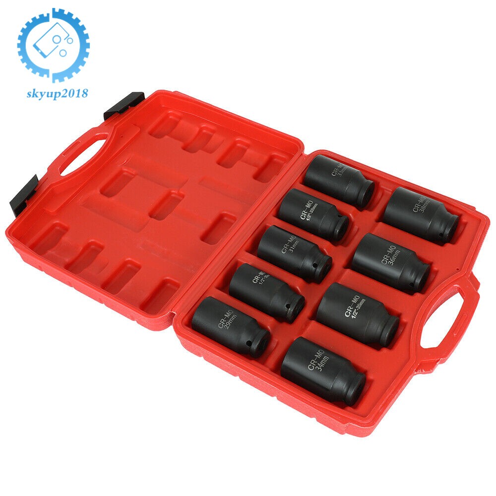 9Pcs 29mm-38mm Drive Metric Axle Hub Nut Socket Deep Impact Socket Tool Kit