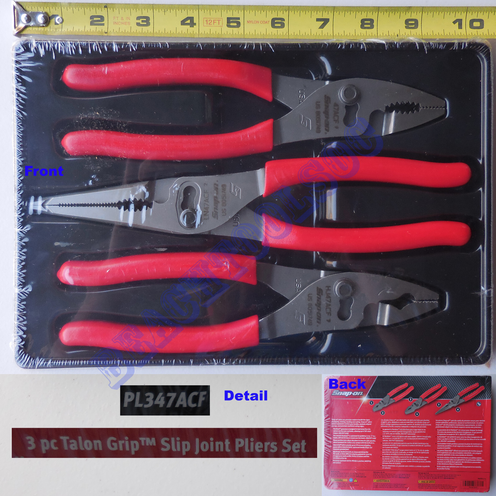 New Snap On Red Talon Grip Slip Joint Pliers 3 Pc PL347ACF 47ACF LN47ACF HJ47ACF