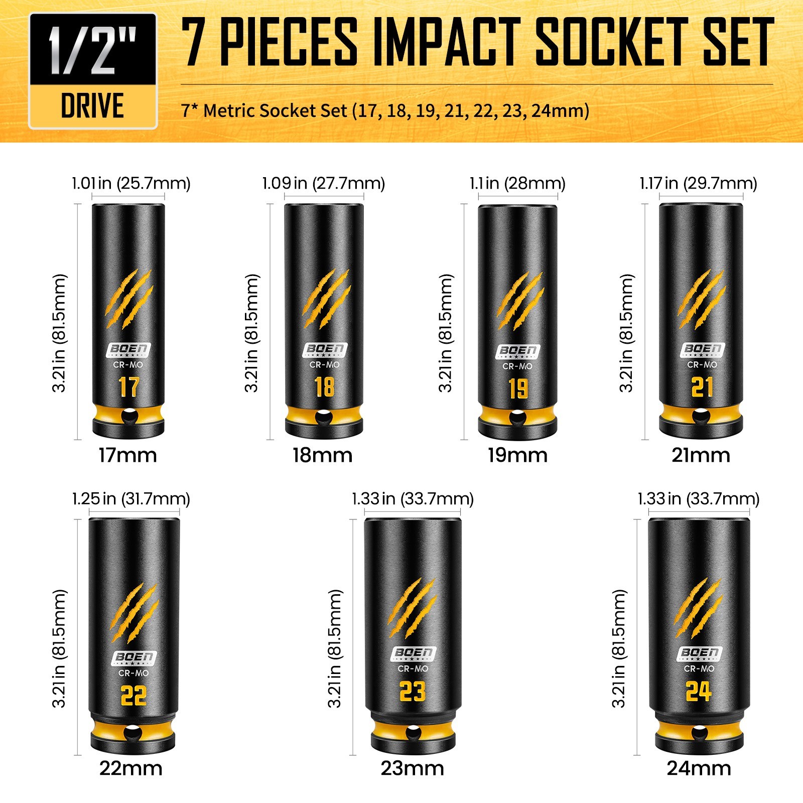 BOEN 7-Piece 1/2″ Drive Metric Impact Socket Set, (17, 18, 19, 21, 22, 23, 24 mm