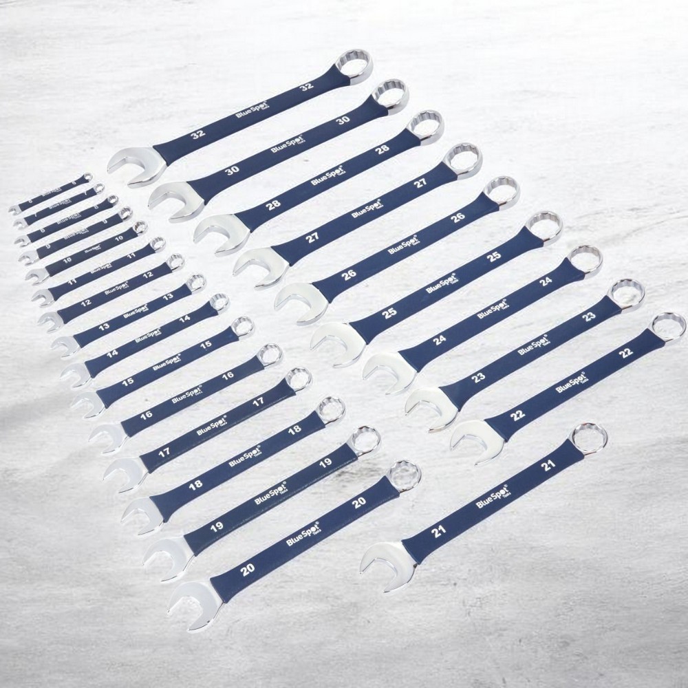 25pc Metric Combination Spanner Set Soft Grip 6-32mm Open End & Ring + Tool Roll