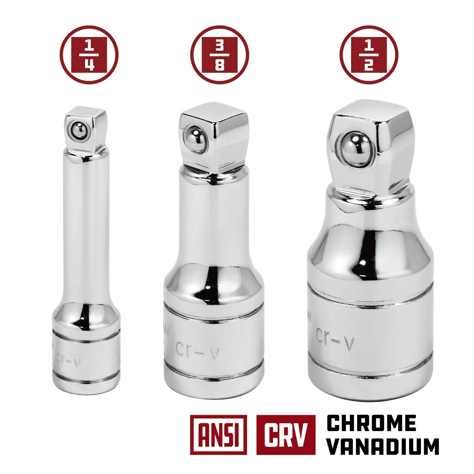 3-Piece Wobble Extension Set, 1/2″ Drive, 1/4″, 3/8″, 25° Flex – Silver Tool Set