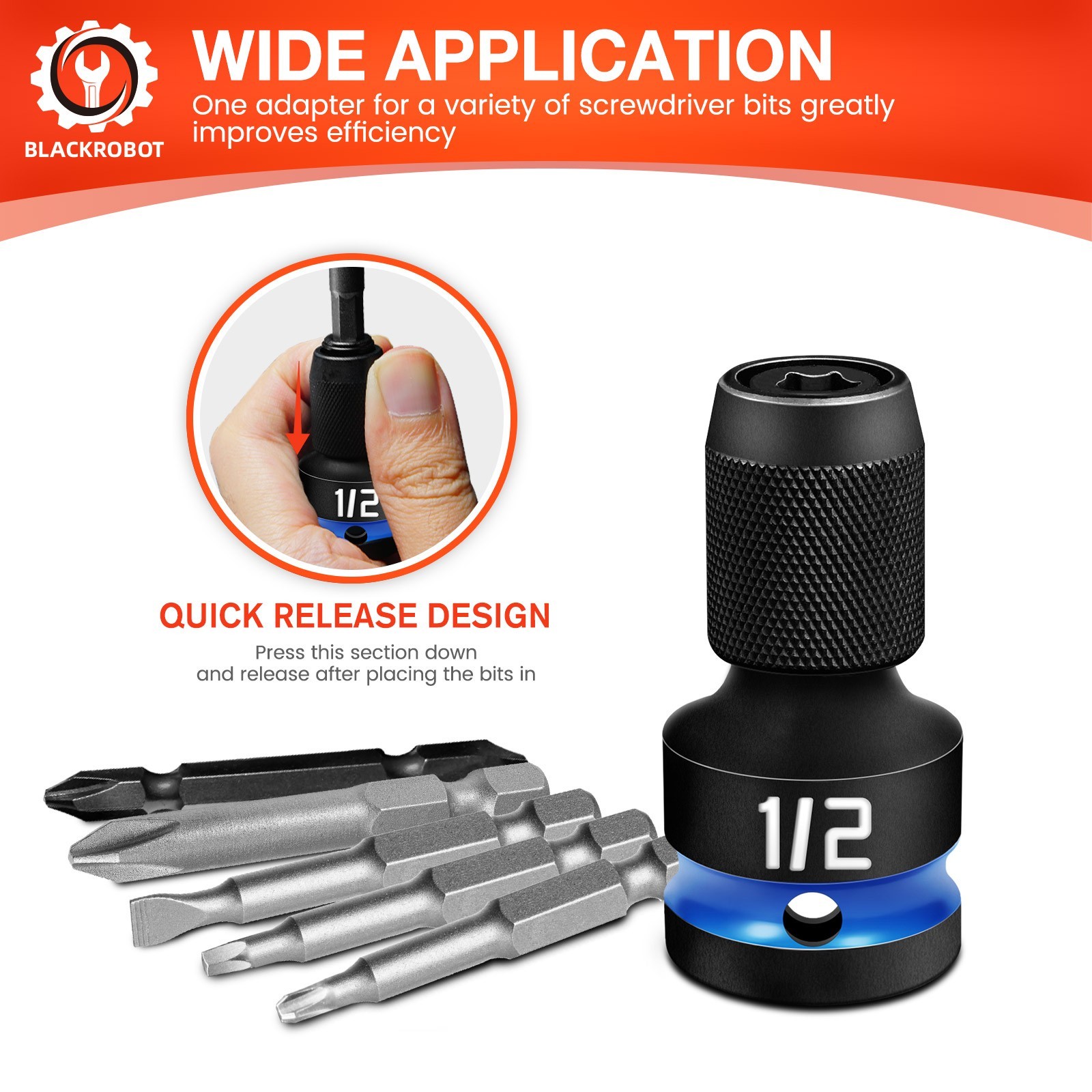 Impact Bit Holders 1/2-Inch Square Drive to 1/4-Inch Hex Socket Adapter