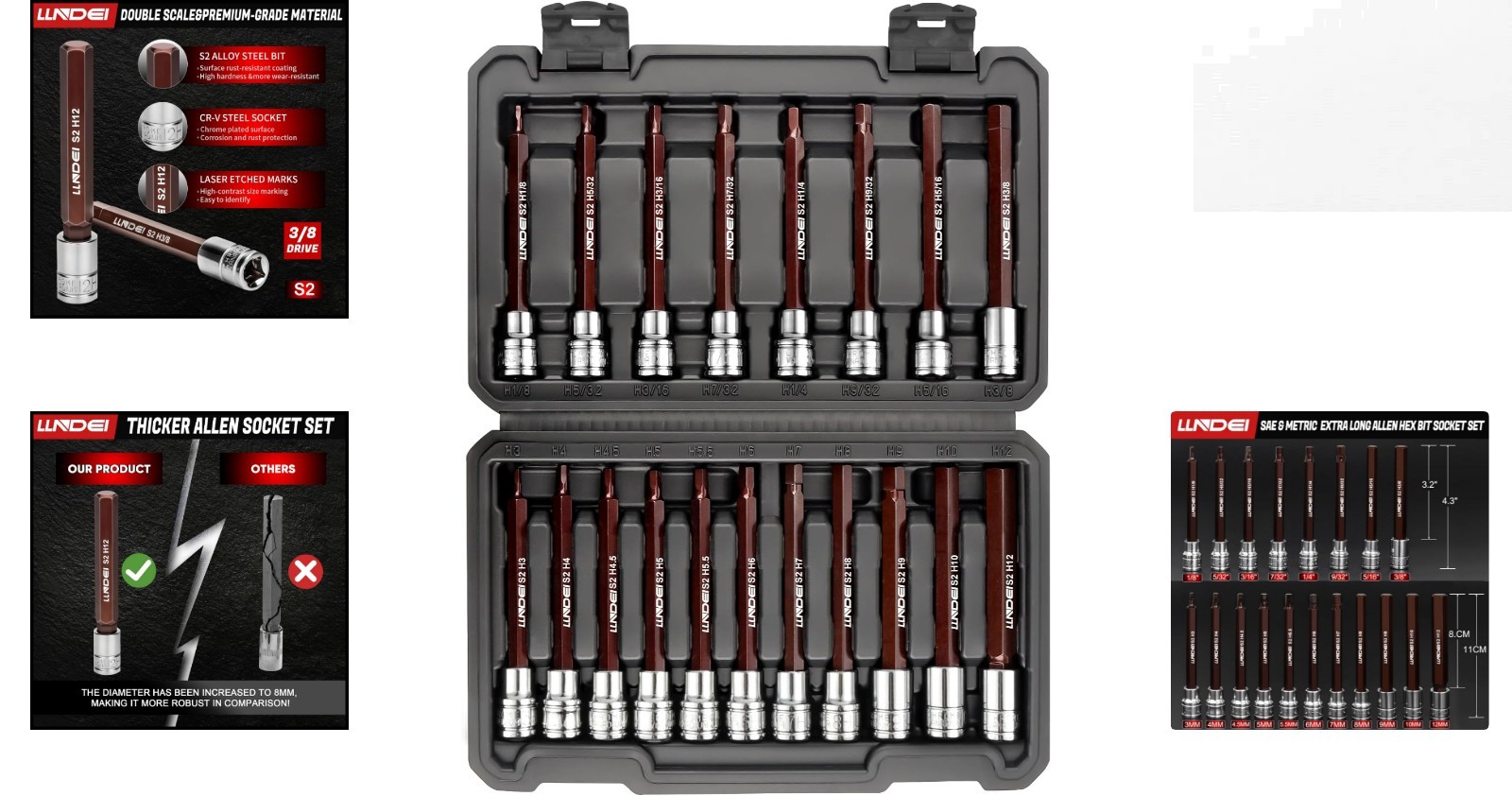 Durable 3/8-Inch Drive Extra Long Allen Hex Bit Set, Polished & Rust Resistant