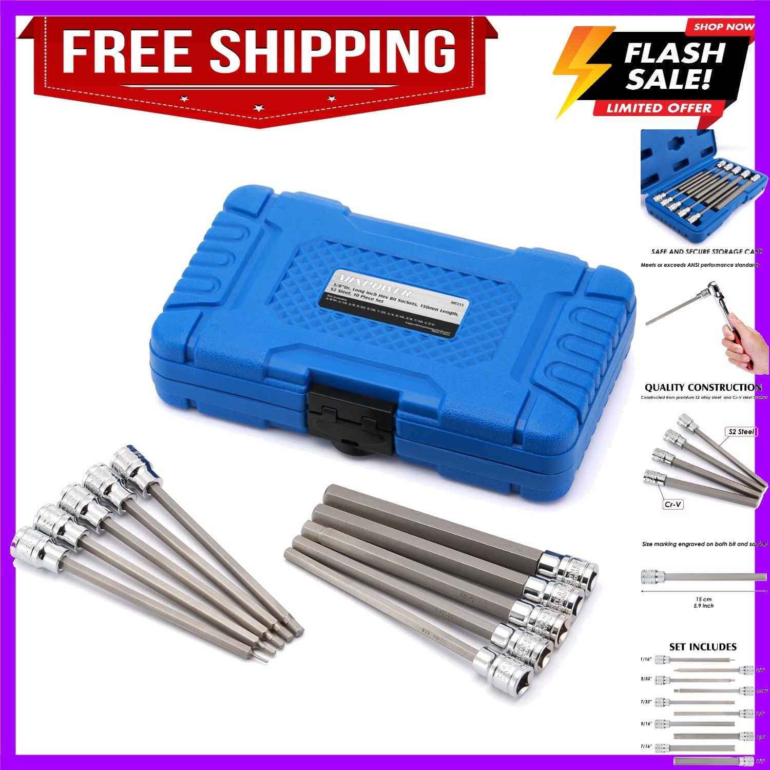 3/8 Inch Drive Long Hex Bit Socket Set, 1/16 Inch to 1/2 Inch, SAE, Extra Lon…