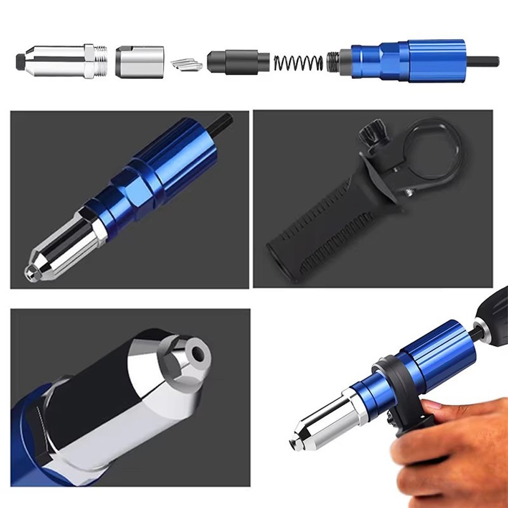 Electric Rivet Gun Adapter Cordless Drill Riveting Tool Kit w/ 100Pcs M4 Nails