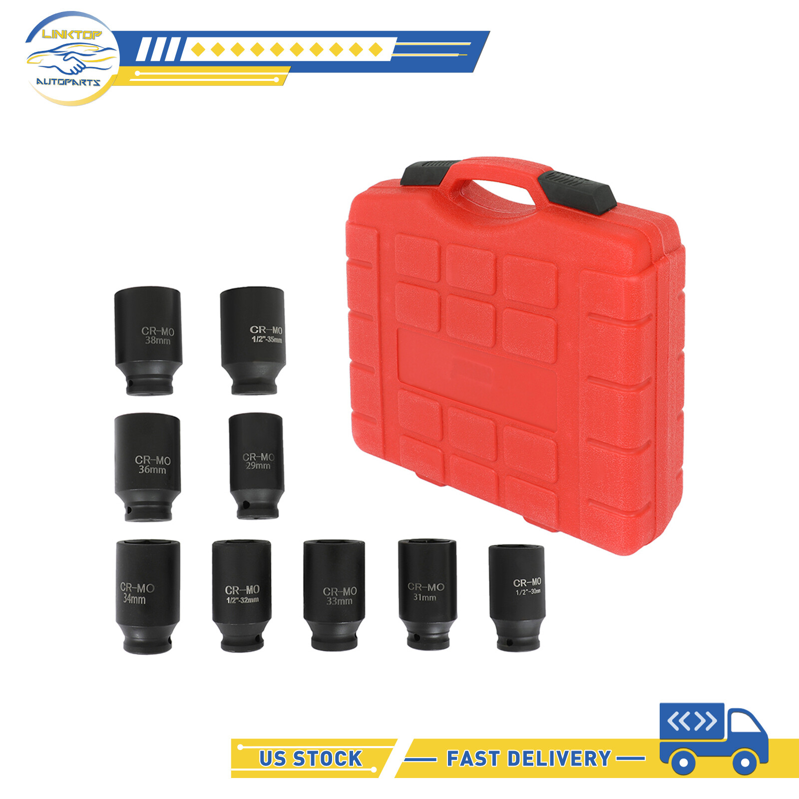 9PCS 29MM-38MM 1/2″ 6PT DEEP IMPACT SOCKET SET DRIVE METRIC AXLE HUB NUT SOCKET