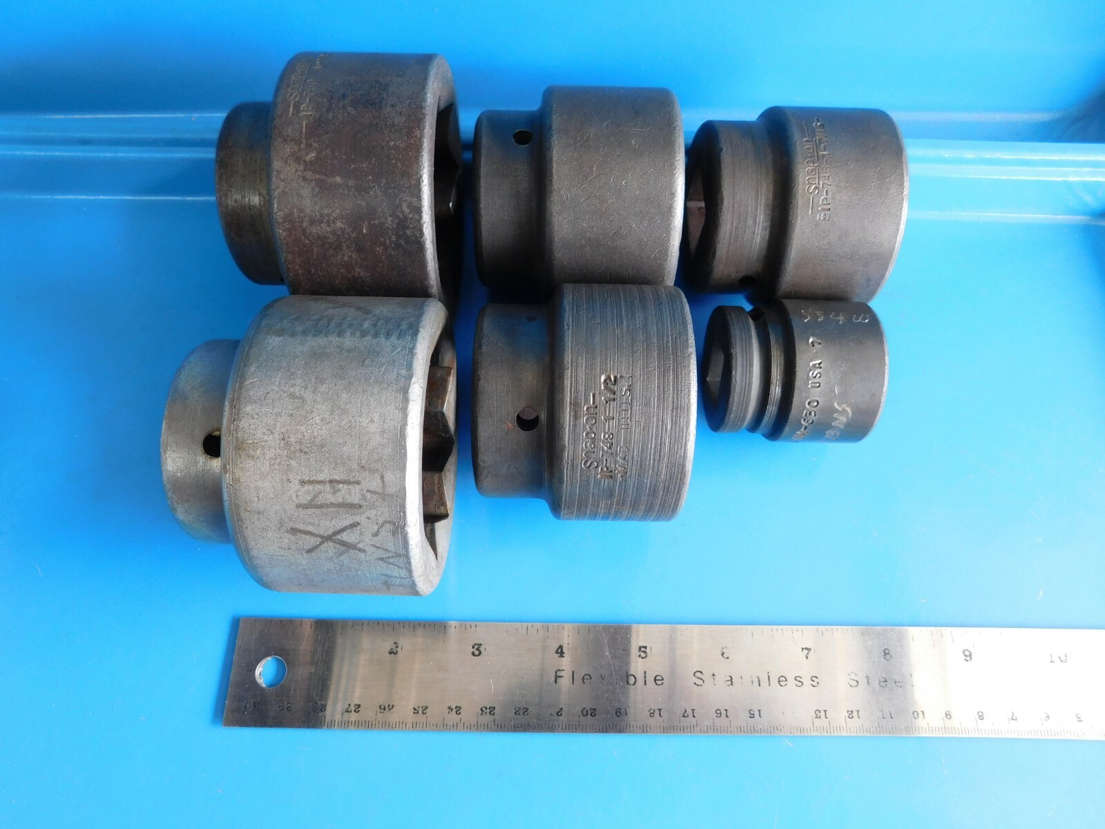 USED, SNAP ON » DOUBLE SQUARE SHORT SOCKETS» 8 PT. LOT OF 6, 3/4 & I INCH DRIVE