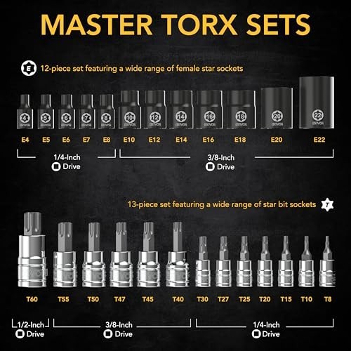 25-Piece Torx Bit & Socket Set, Premium S2 Alloy & Cr-V Steel, E-Torx T8-T60, He