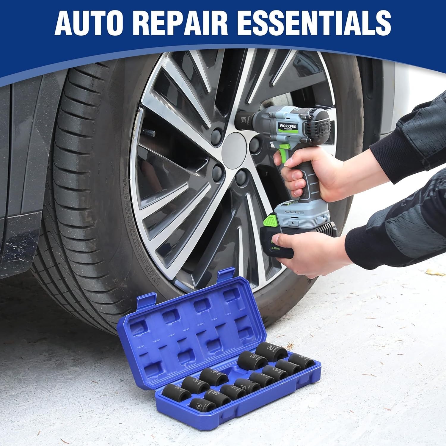 1/2” Drive Shallow Impact Socket Set, Metric Cr-V Steel 6-Point Socket Set wi…