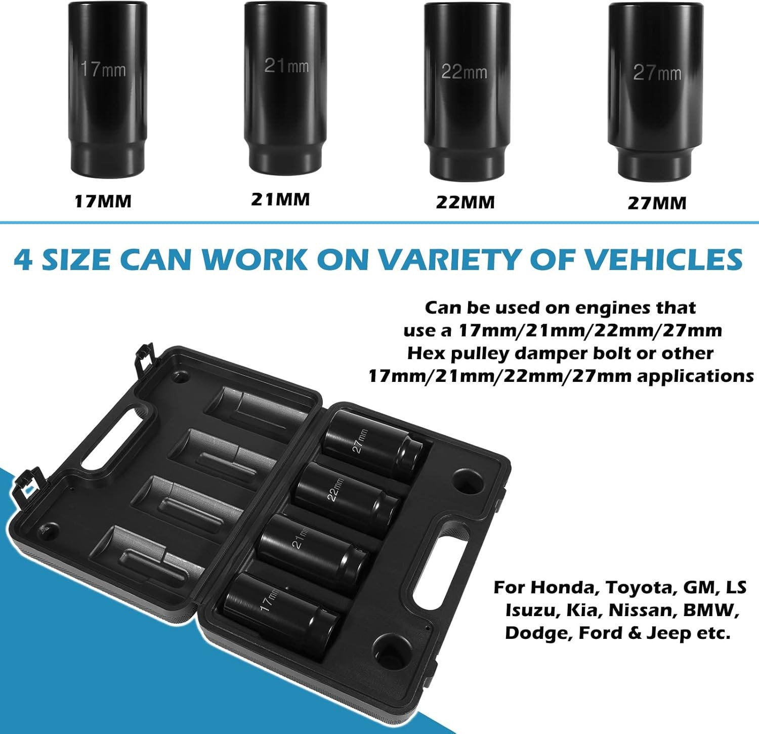 Upgraded Harmonic Balancer Socket Tool Kit, 17mm 21mm 22mm 27mm for Honda