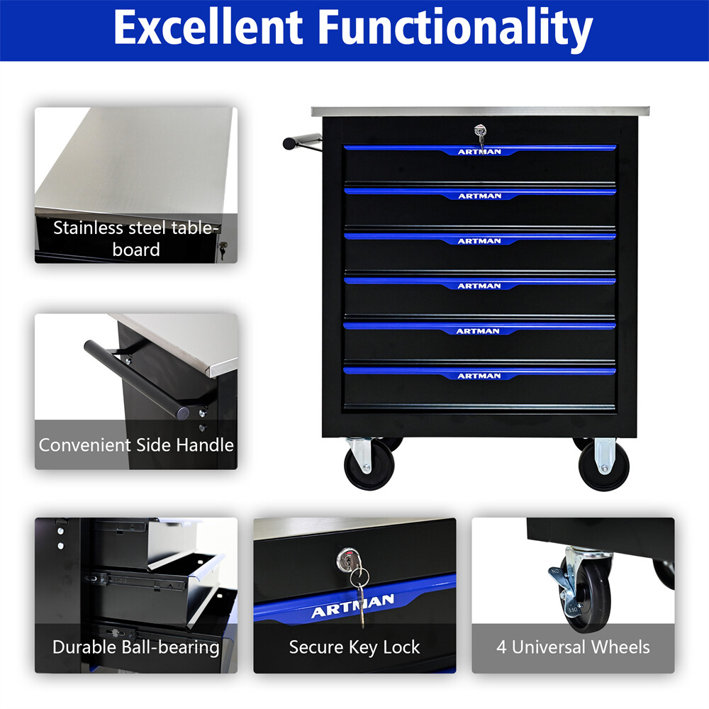 6 Drawers Rolling Tool Box Cart Tool Storage Cabinet Steel Tool Chest w/ Wheels