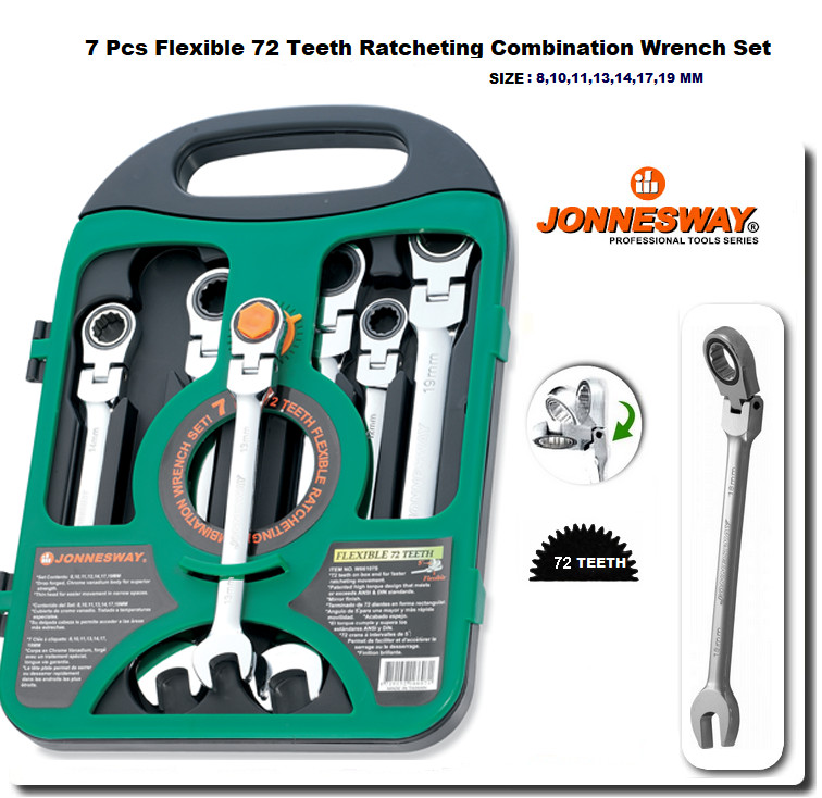 Jonnesway W66107S 7 Pcs Flexible 72 Teeh Ratcheting Combination Wrench 8-19 MM