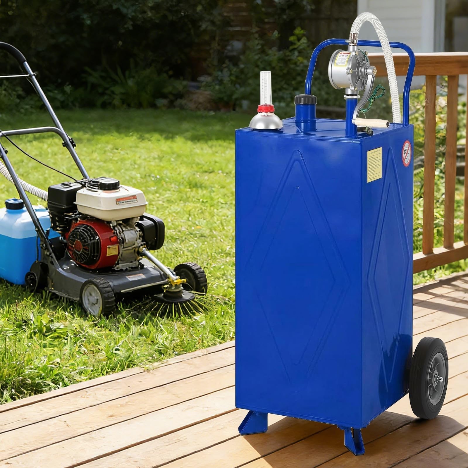 30 Gallon Portable Fuel Tank Gas Caddy w/ Manual Pump Hose 2-Wheel, 2-Support