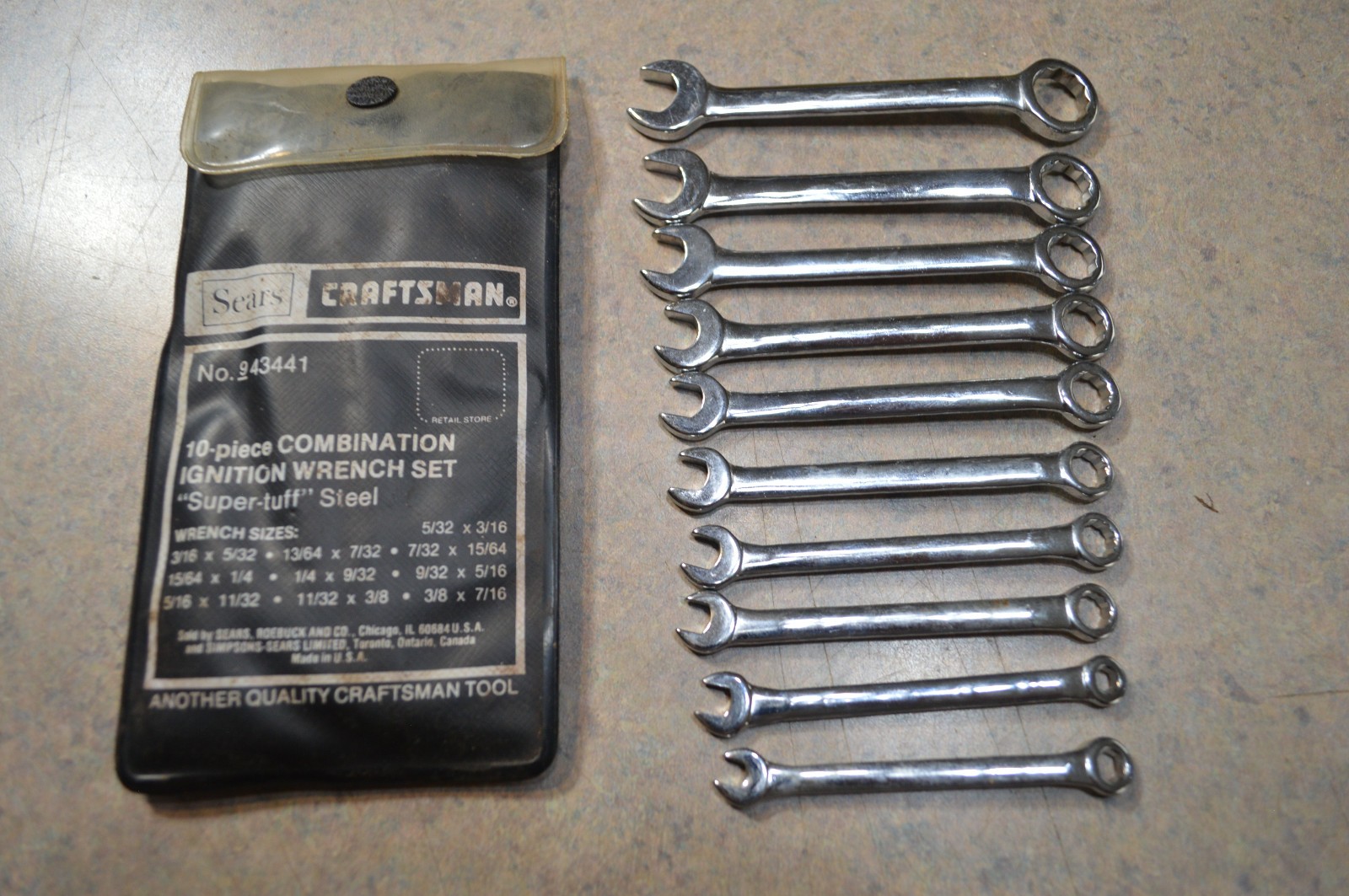 Vintage Sears Craftsman 10pc Combination Ignition Wrench Set #9 43441 w/Pouch