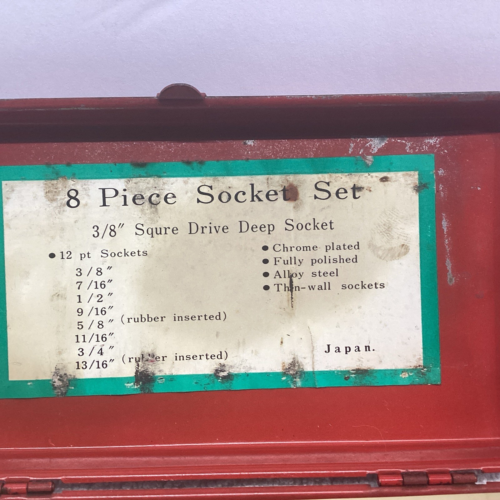 Vintage 8 Piece 3/8″ Square Drive Deep 12Point SAE Socket Set Made In Japan TIN