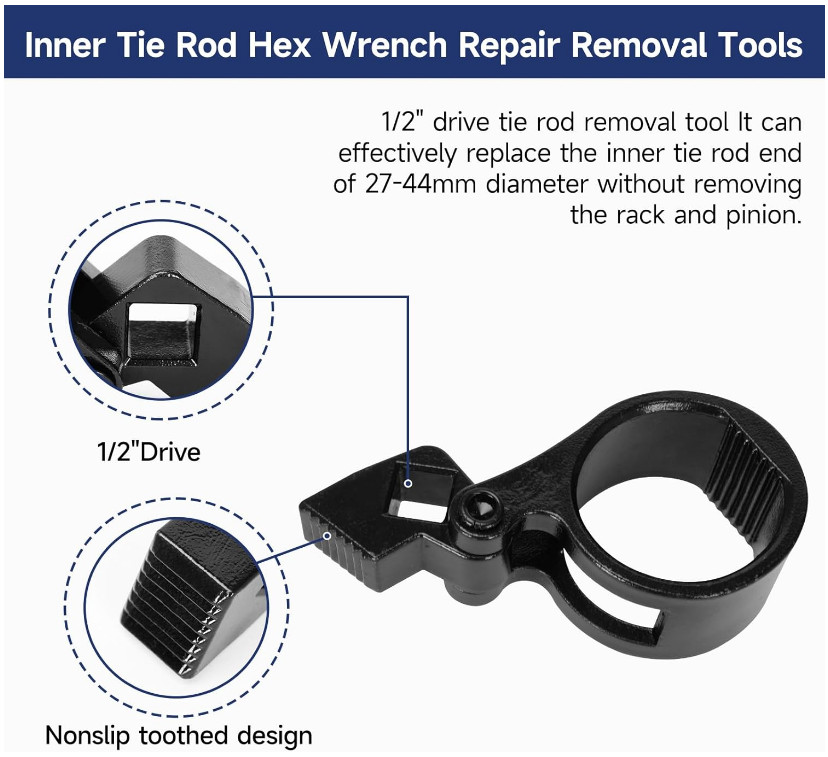 Inner Tie Rod Removal Tool, 27–44mm Hex Wrench with 1/2» Drive for Vehicles
