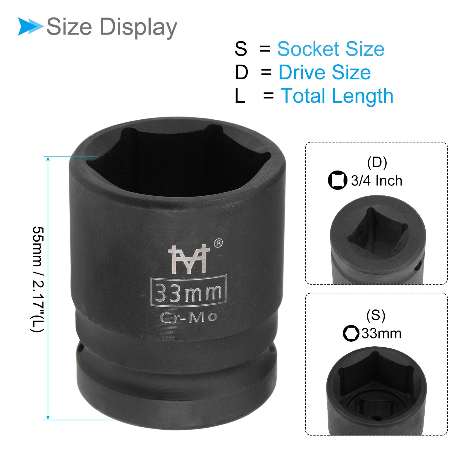 6-Point Shallow Impact Socket 3/4-Inch Drive 33mm Socket Cr-Mo Axle Nut