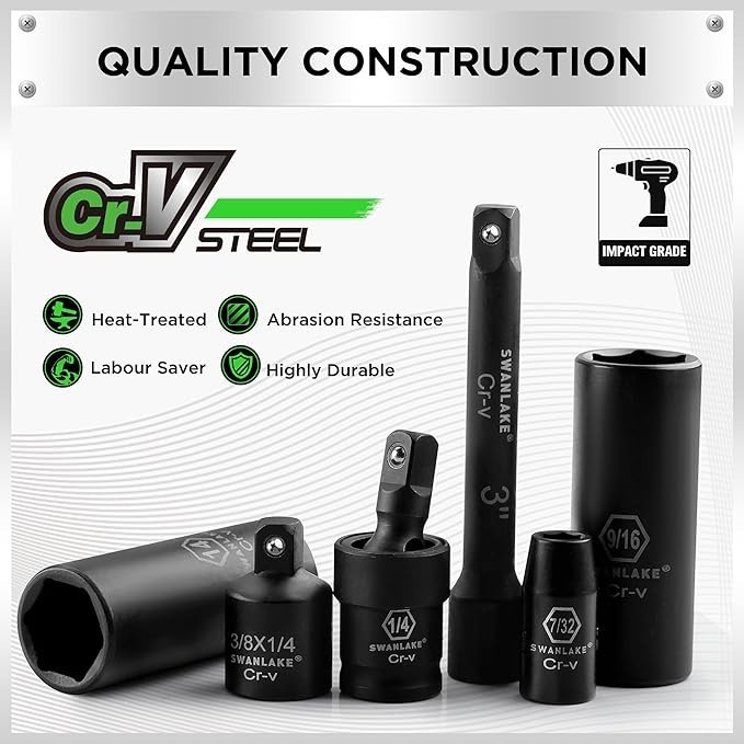 1/4″ Drive Impact Socket Set, 56 Pcs SAE 5/32″ to 9/16″ & Metric 4-15mm Sizes