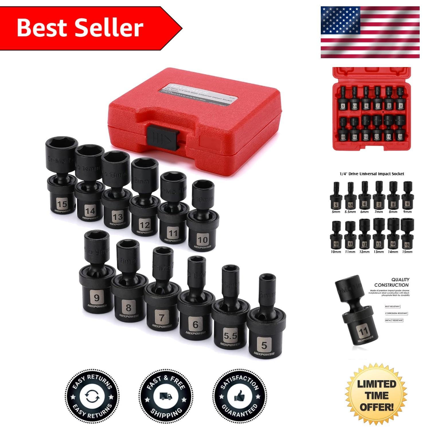 Professional 12-Piece 1/4″ Drive Impact Socket Set with Laser Marking for Ease