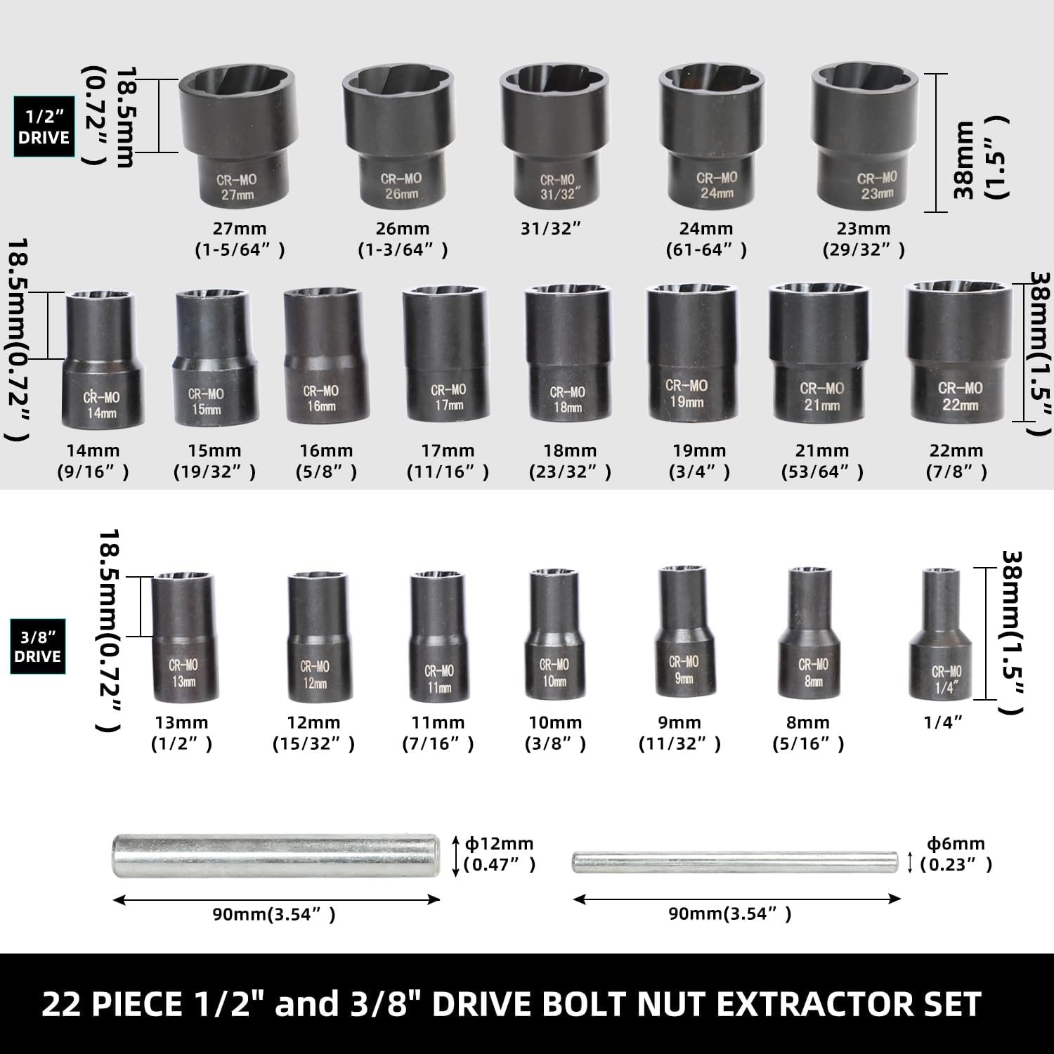 22 Piece Bolt Nut Extractor Set, 1/2″ and 3/8″ Drive Impact Lug Nut Remover S…