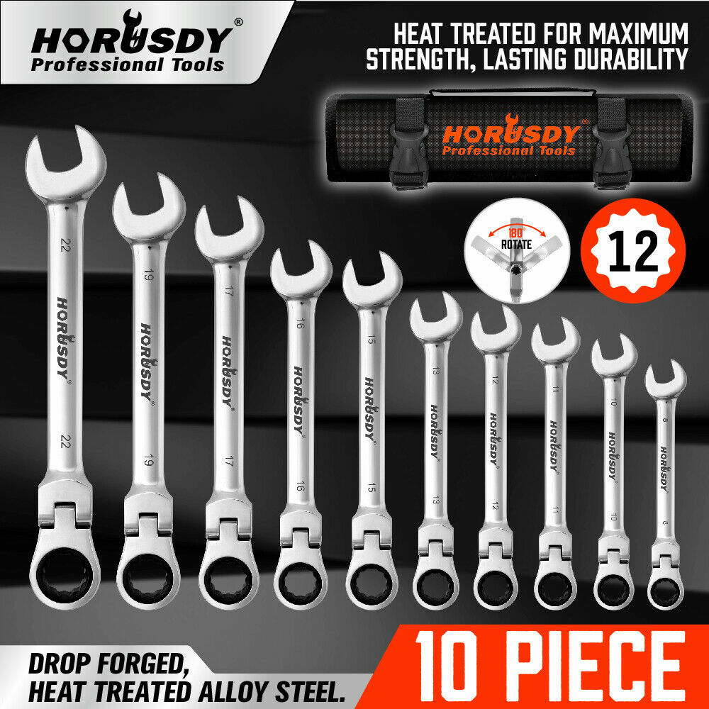 10Pc 8-22mm Flexible Head Ratcheting Wrench Combination Spanner Auto Tool Metric