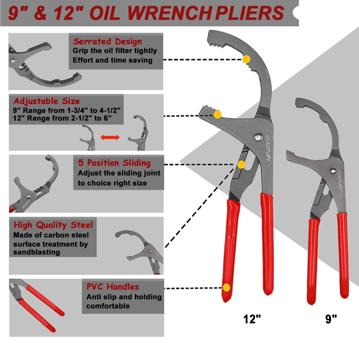 4-Piece Oil Filter Pliers Set 3-Jaw Wrench 9″ and 12″ Pliers Snap Funnel