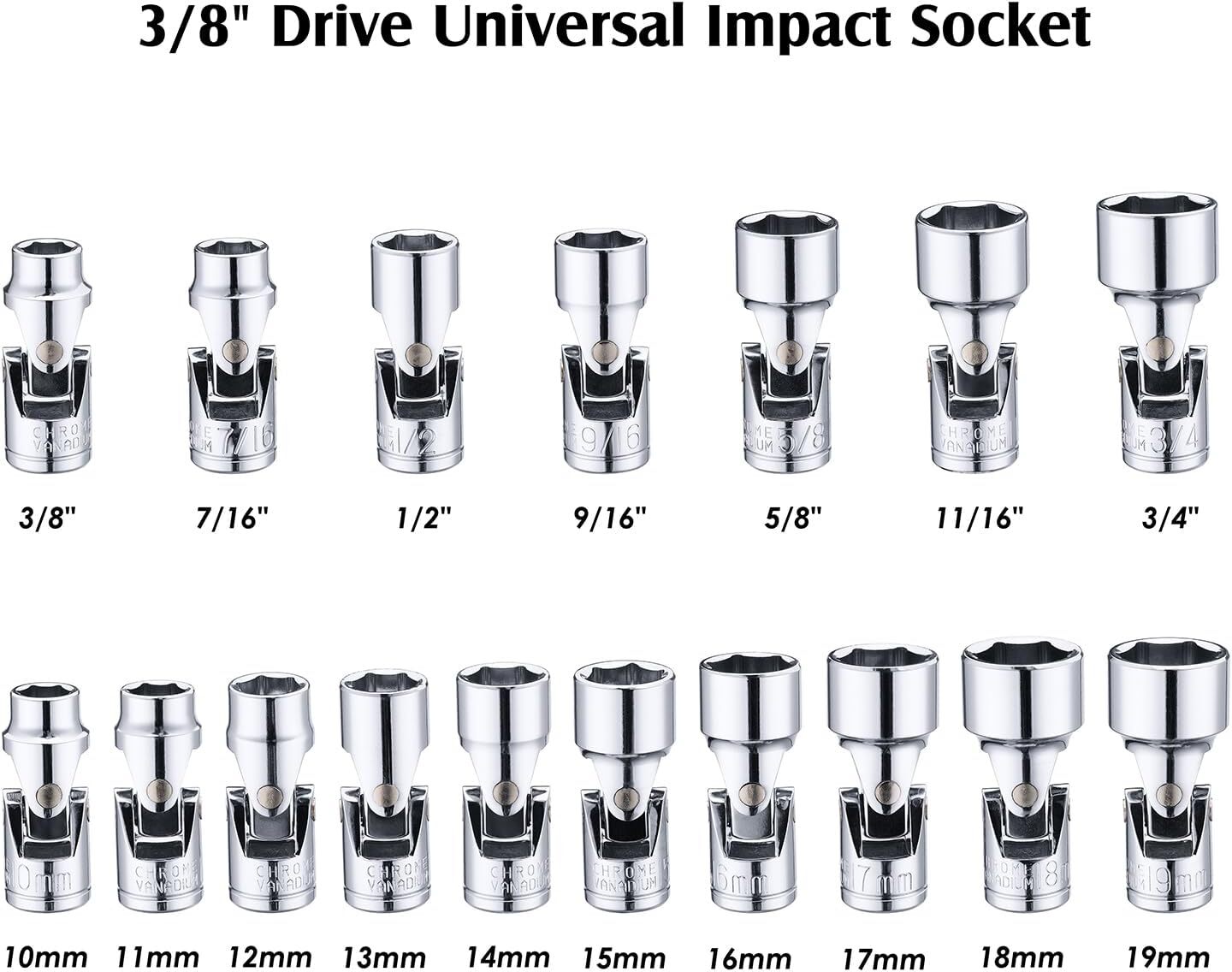 17-piece 3/8″ Drive Universal Joint Socket Set, 6 Point, SAE & Metric, 10-19mm,