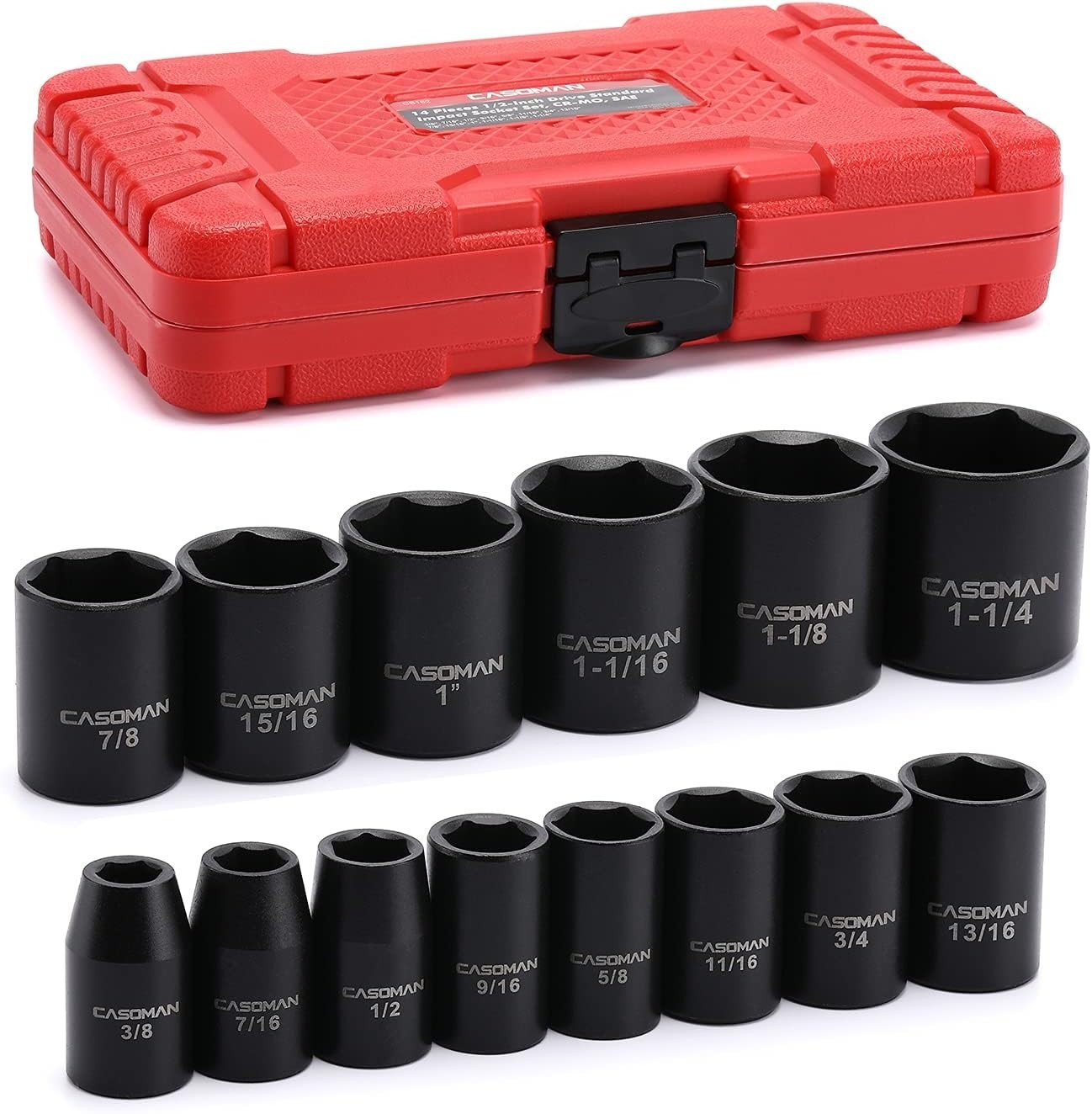 14 Pieces 1/2-Inch Drive Shallow Impact Socket Set, 6-Point, SAE, 3/8″ to 1-1/4″