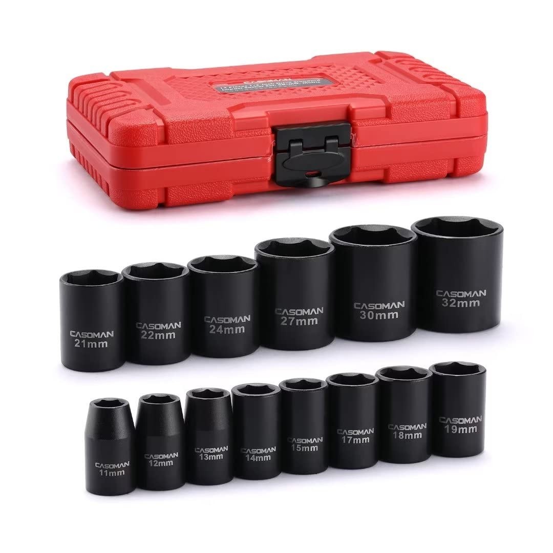 14-Piece 1/2″ Drive Shallow Impact Socket Set, Metric 6-Point, 11mm-32mm Tools