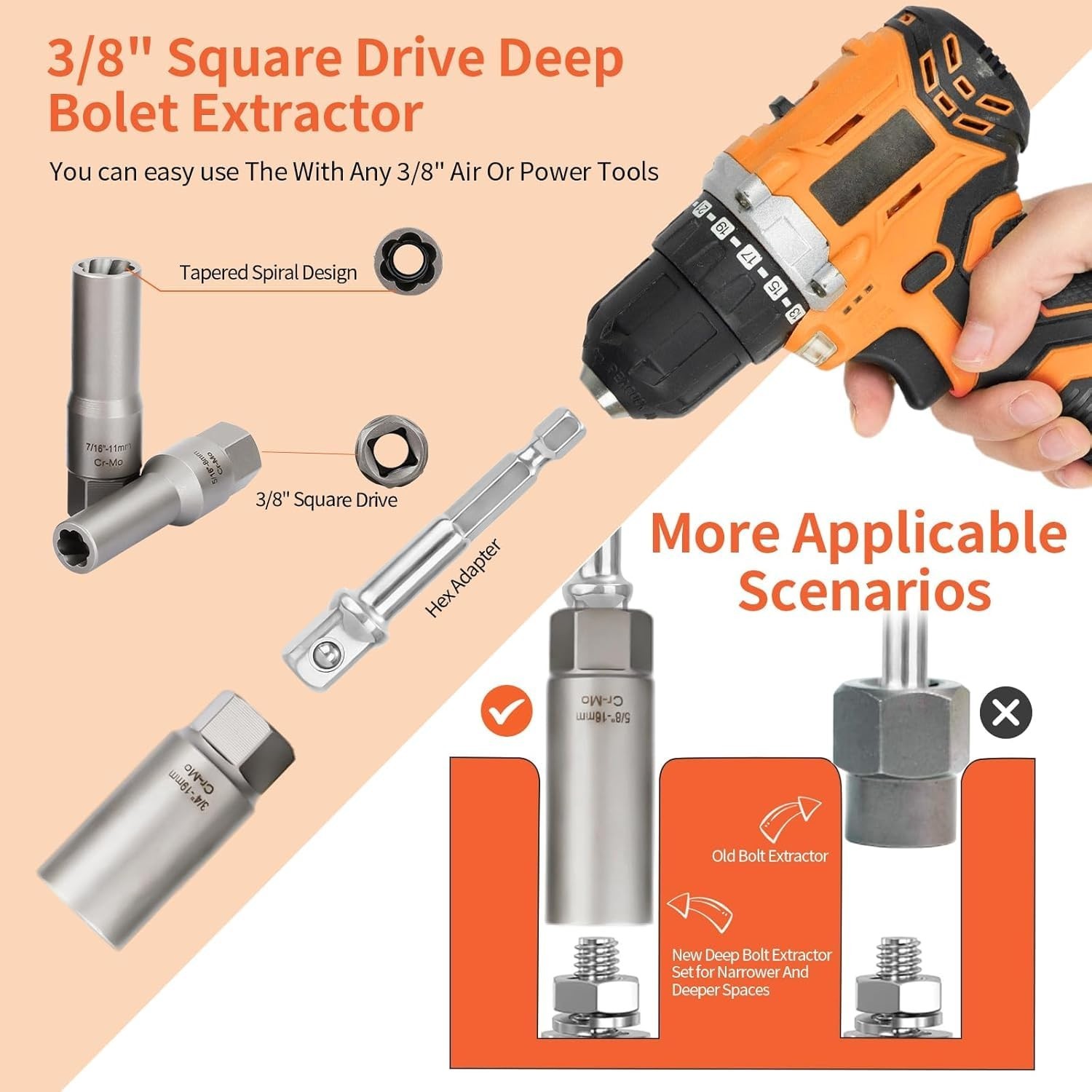 16PCS Deep Bolt Extractor Set – Impact Nut Remover for Stripped, Rusted, Broken
