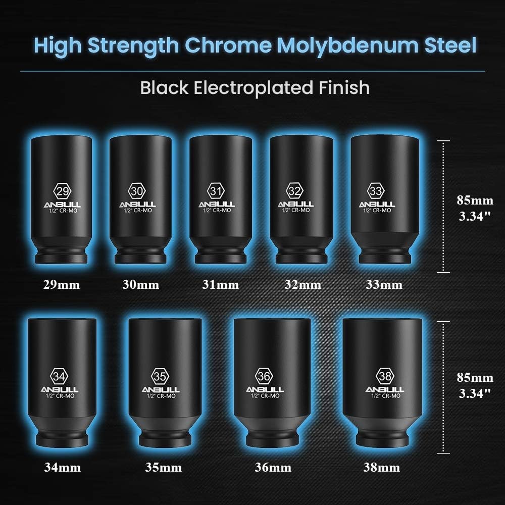 Heavy Duty 1/2″ Deep Impact Socket Set 9PC CR-MO 12-Point Anti-Corrosion