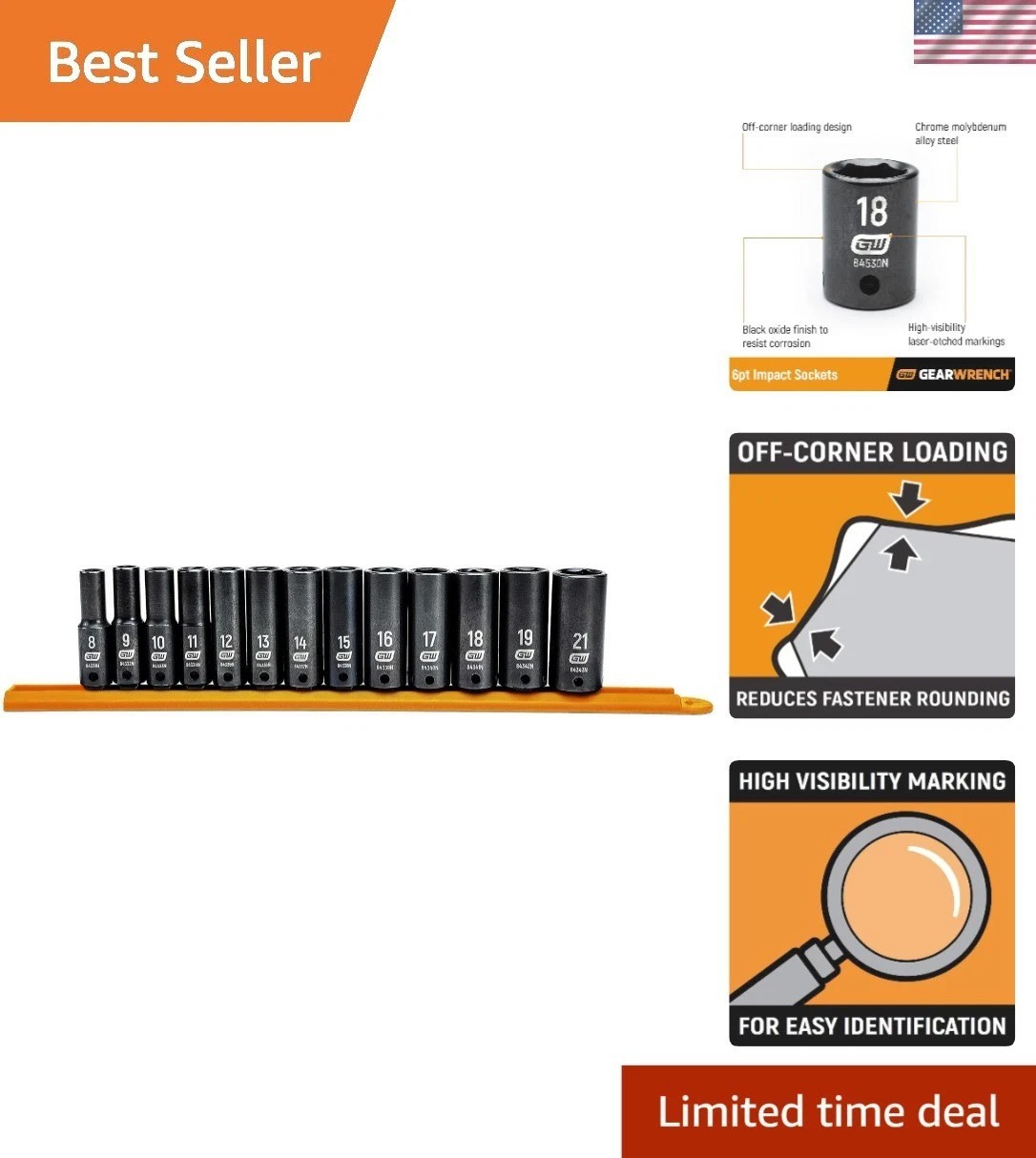 13 Pc. 3/8″ Deep Impact Socket Set – Chrome Molybdenum, Corrosion-Resistant