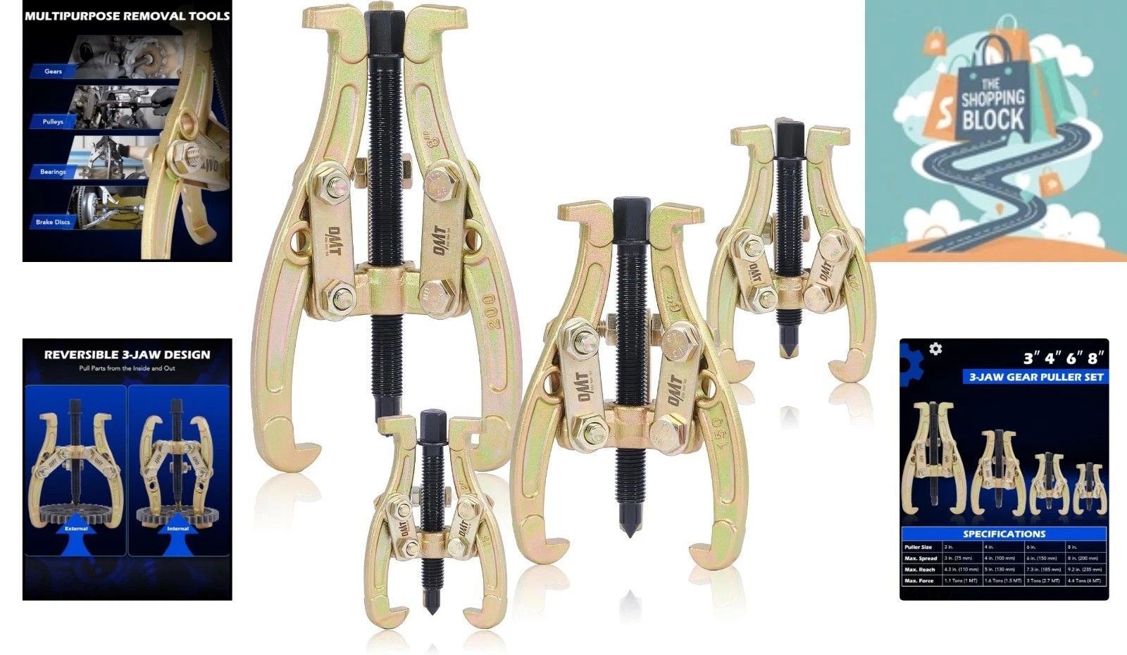 Heavy Duty Alloy Steel Gear Puller Set, 4 Pcs, Gold, 3-8 In