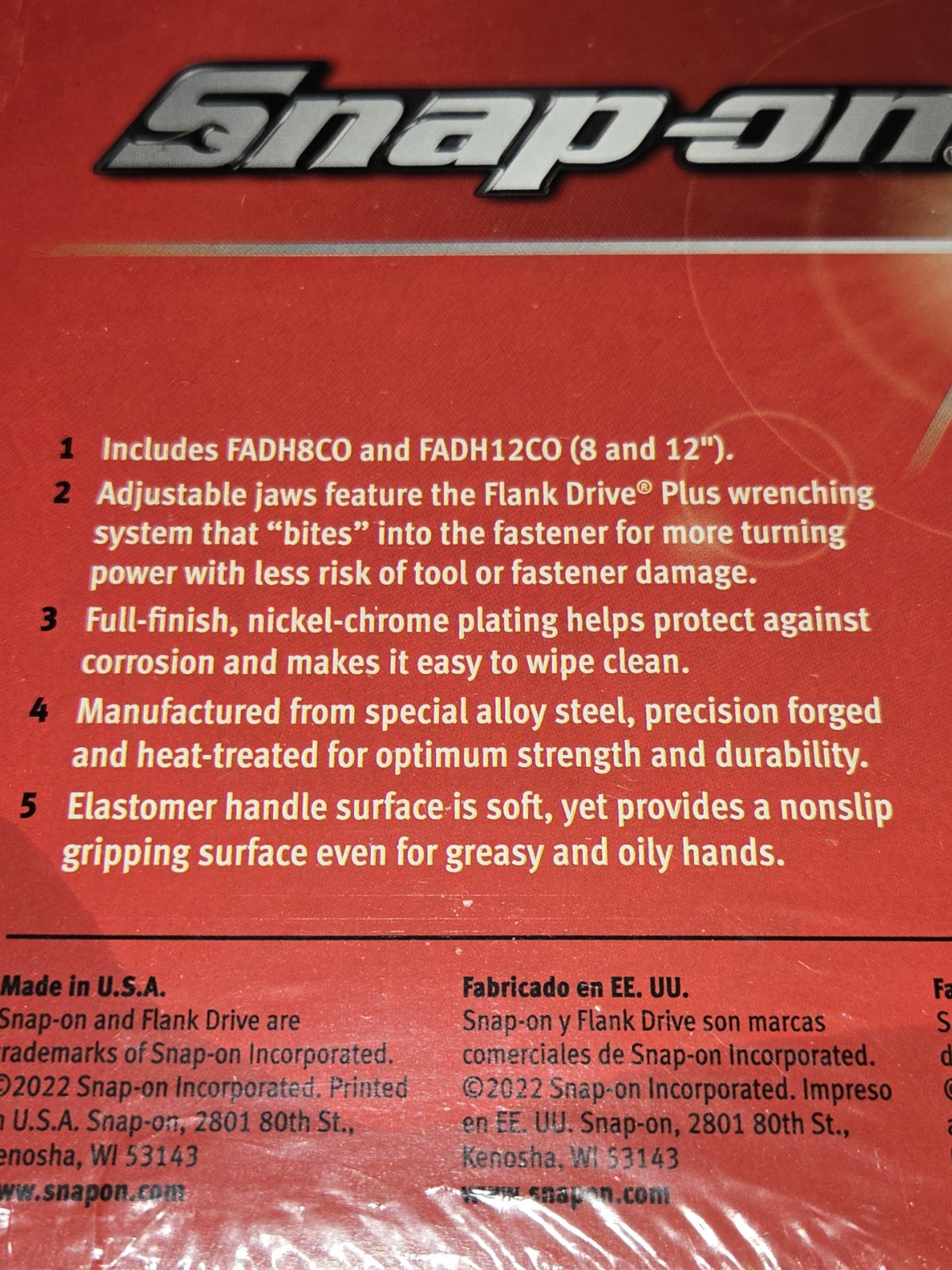 Snap-On™ 8″ 12″ Orange Flank Drive Plus Adjustable Wrench Set FADH702C1O
