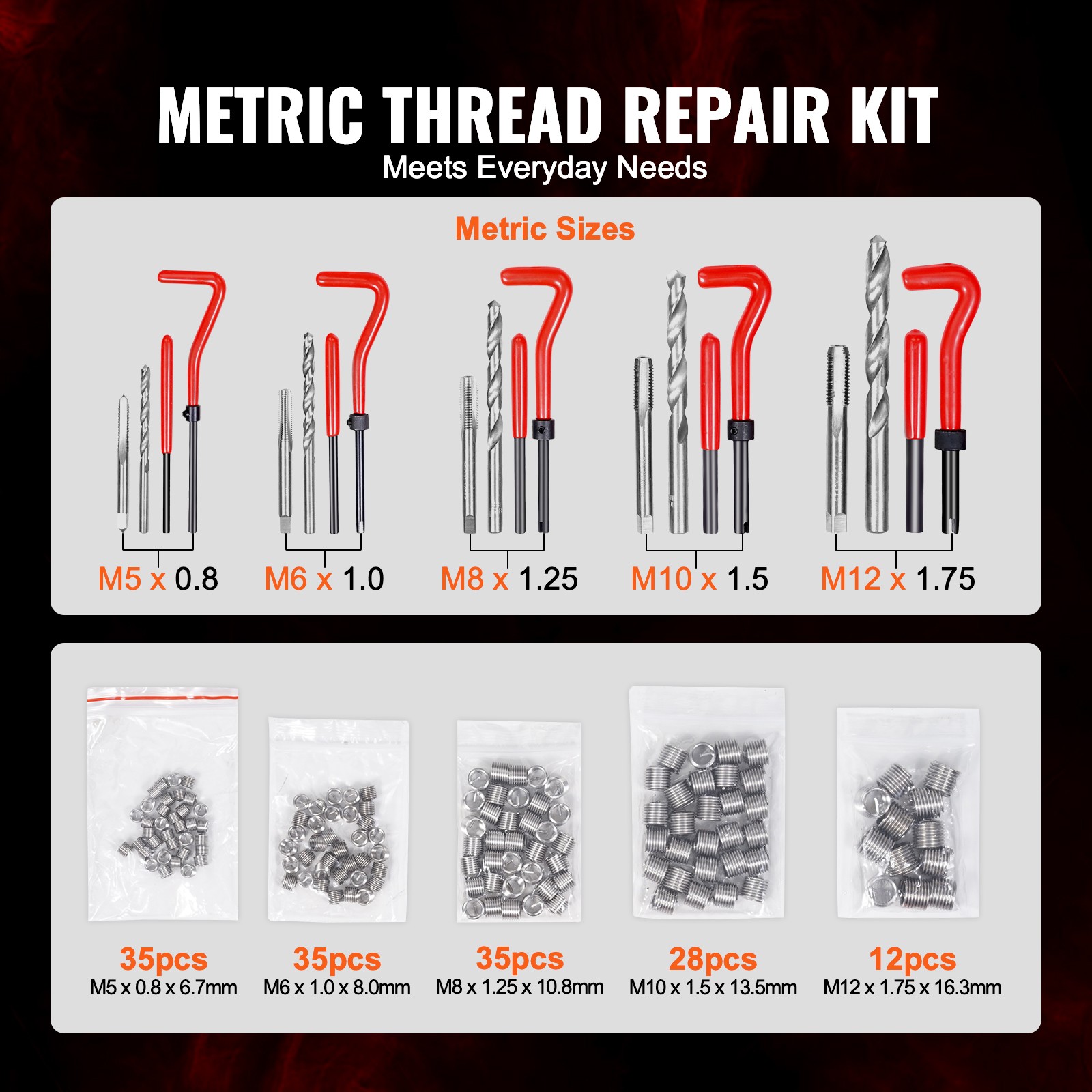 Uimoso 166 PCS Helicoil Thread Repair Kit Metric Rethread Tool M5 M6 M8 M10 M12
