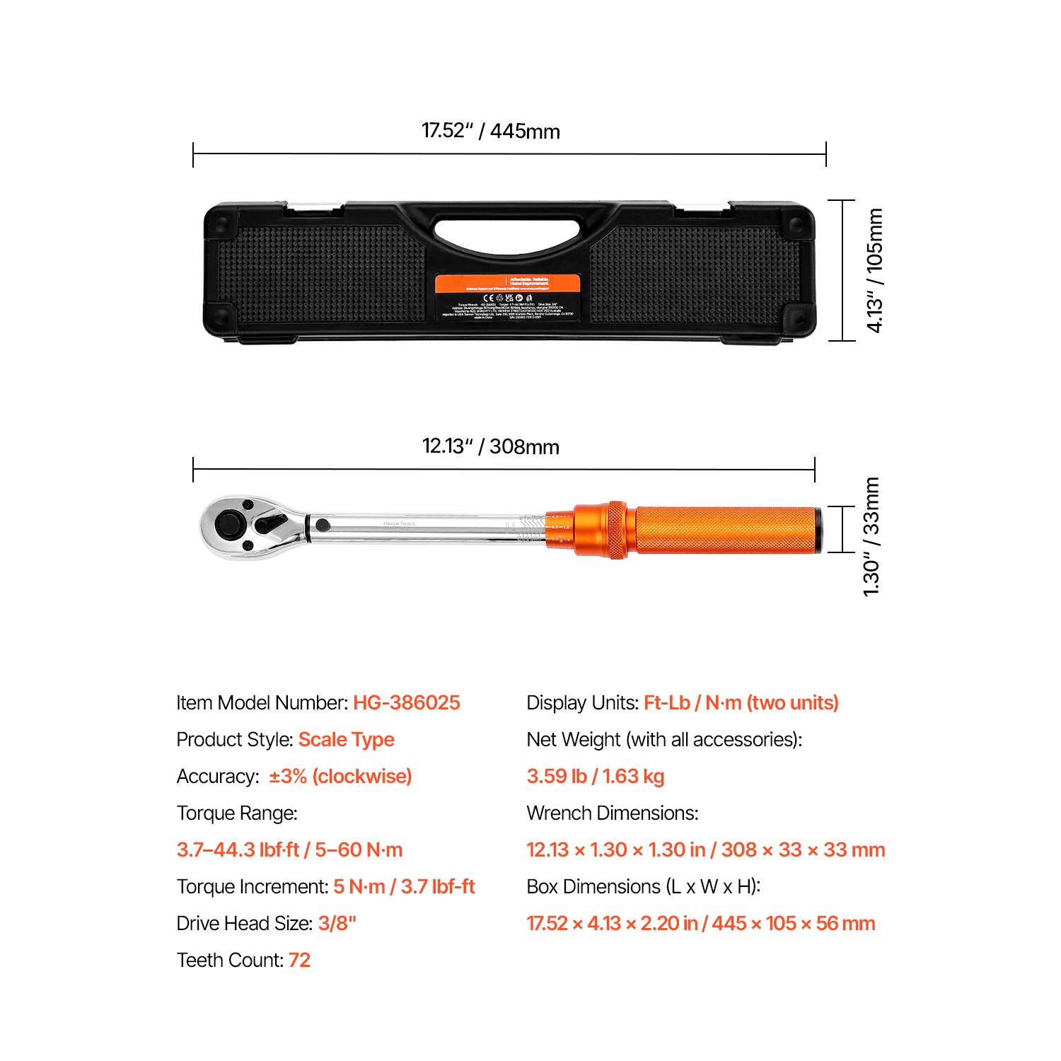 Click Torque Wrench Set 3/8Inch Drive 5-60 N.m / 3.7-44.3 lbf.ft