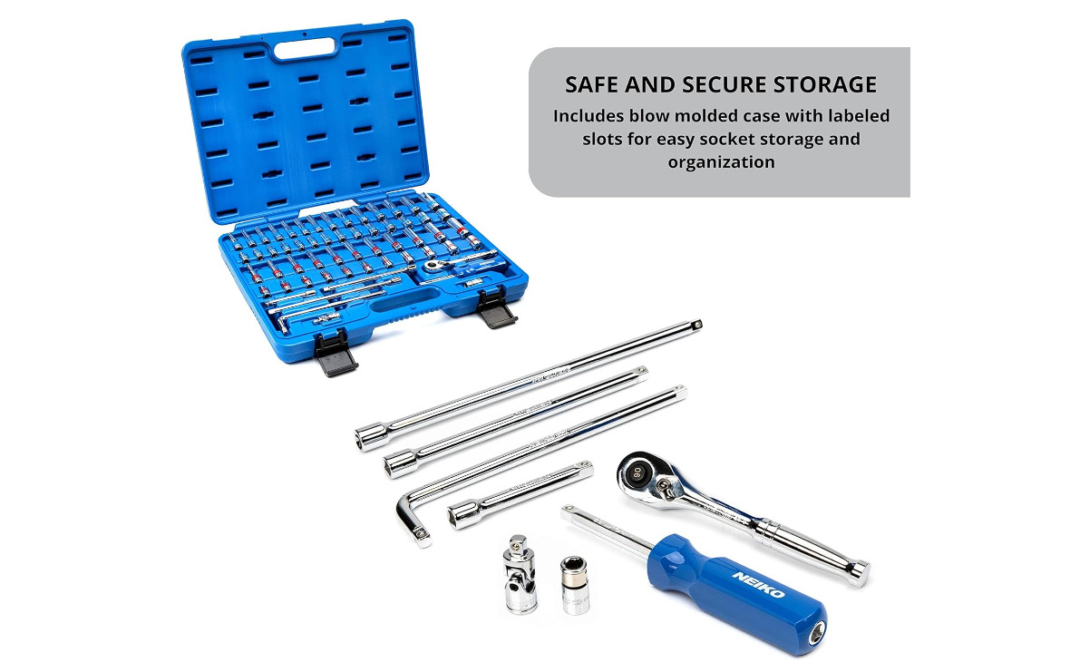 Neiko 1/4″ Ratchet & 58-Piece Socket Set, Chrome Vanadium Steel, Multi-color.