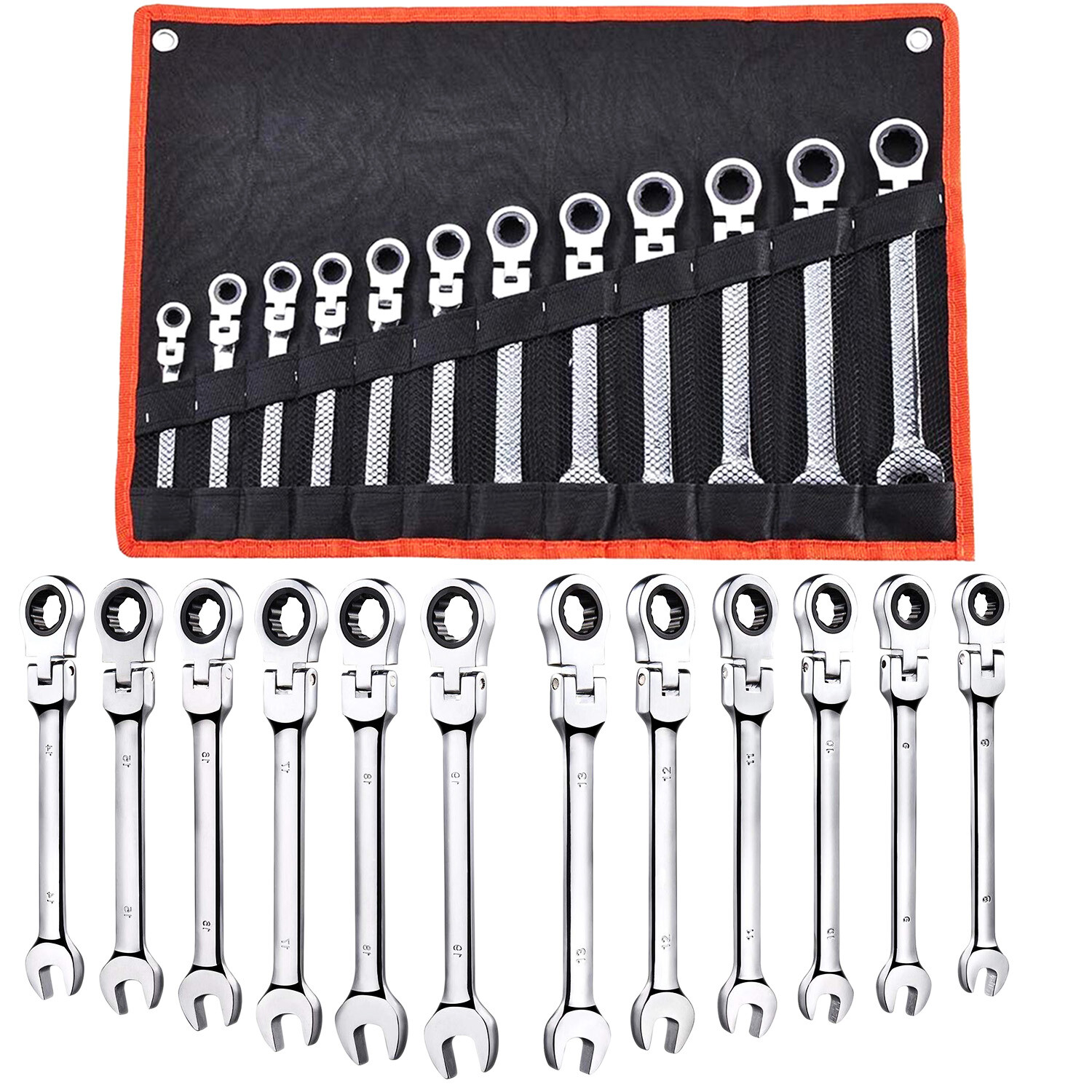 12PCS 8-19mm Metric Flexible Head Ratcheting Wrench Combination Spanner Tool Set