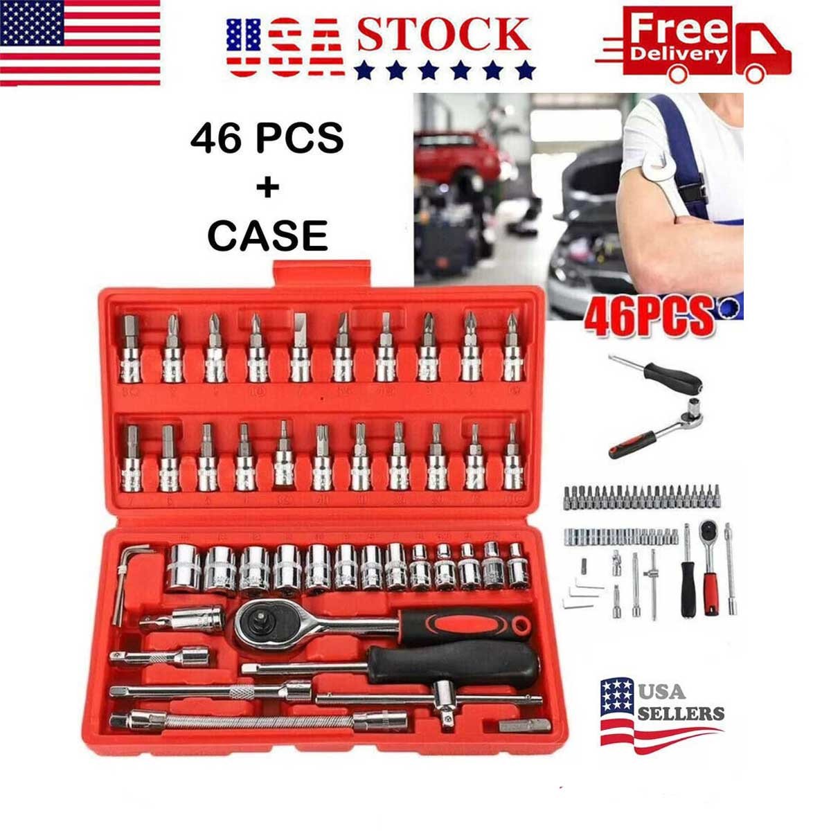46PC Ratchet Torque Wrench Kit Hand Repair Tool For Car Bike 1/4″ Socket Set Kit