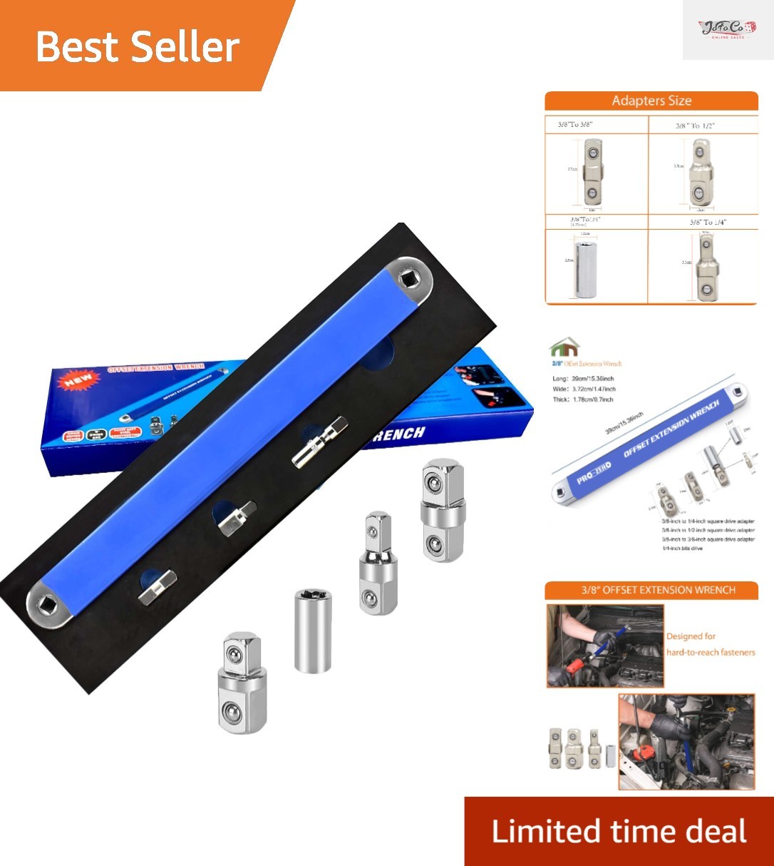 Versatile 15.4″ Offset Extension Wrench with 1/4″ & 3/8″ Drive Adapters – Blue