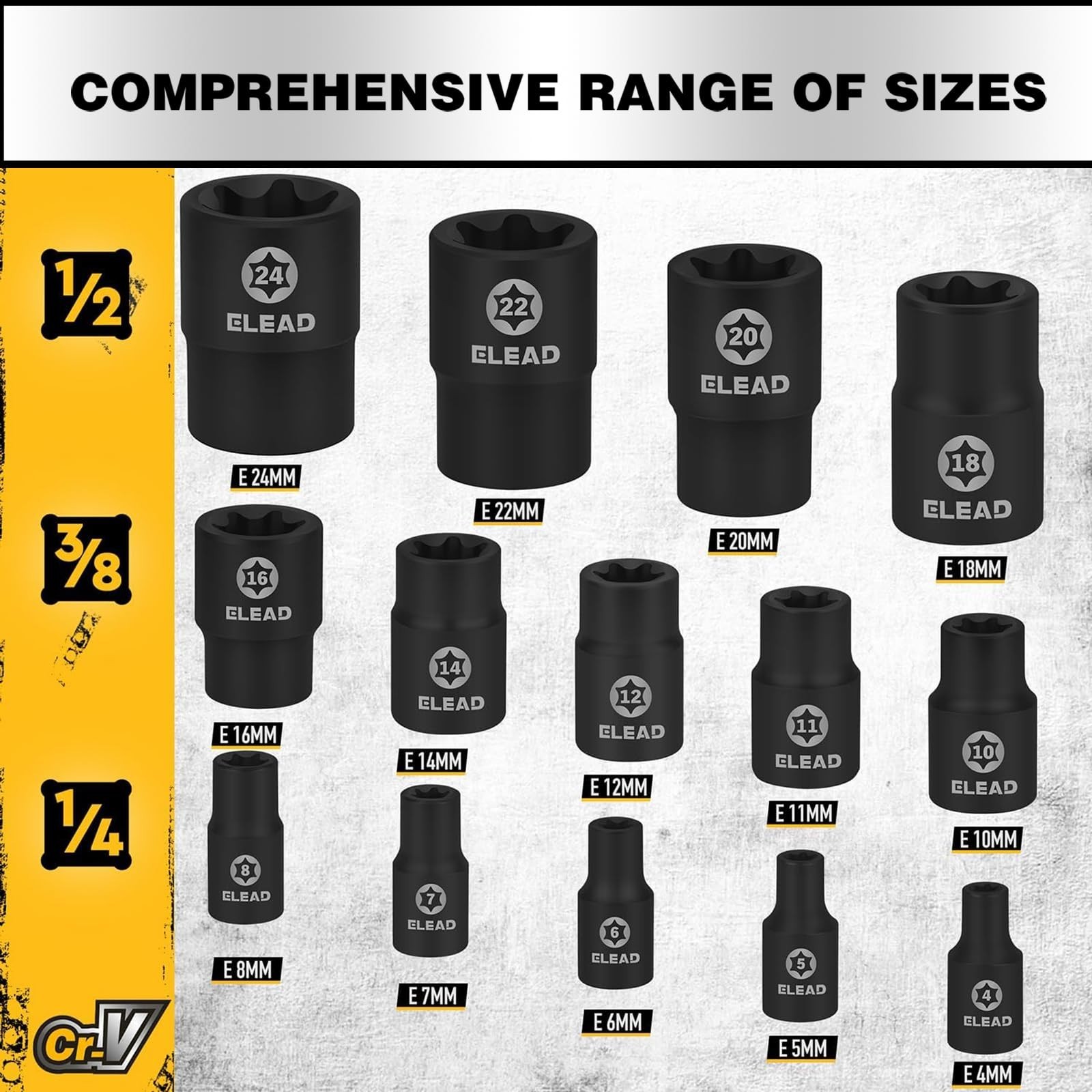 17-Piece Inverted E-Torx Socket Set – Cr-V Steel Star Female Sockets for Impact