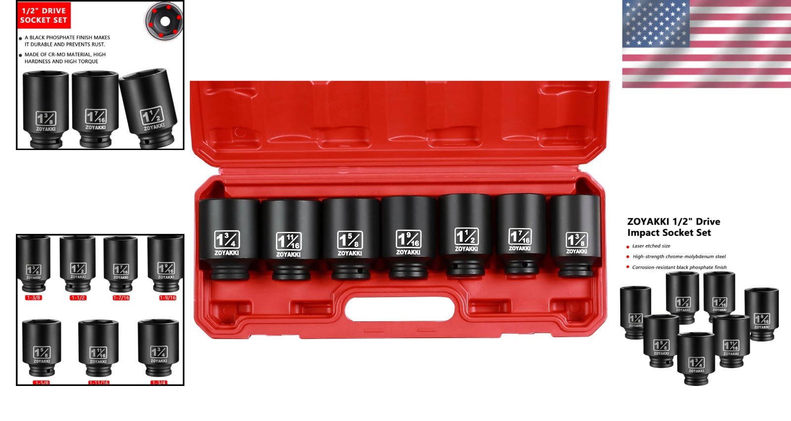 1/2 inch Drive Impact Socket Set 7 pcs SAE Deep 6-Point Chrome Molybdenum Steel