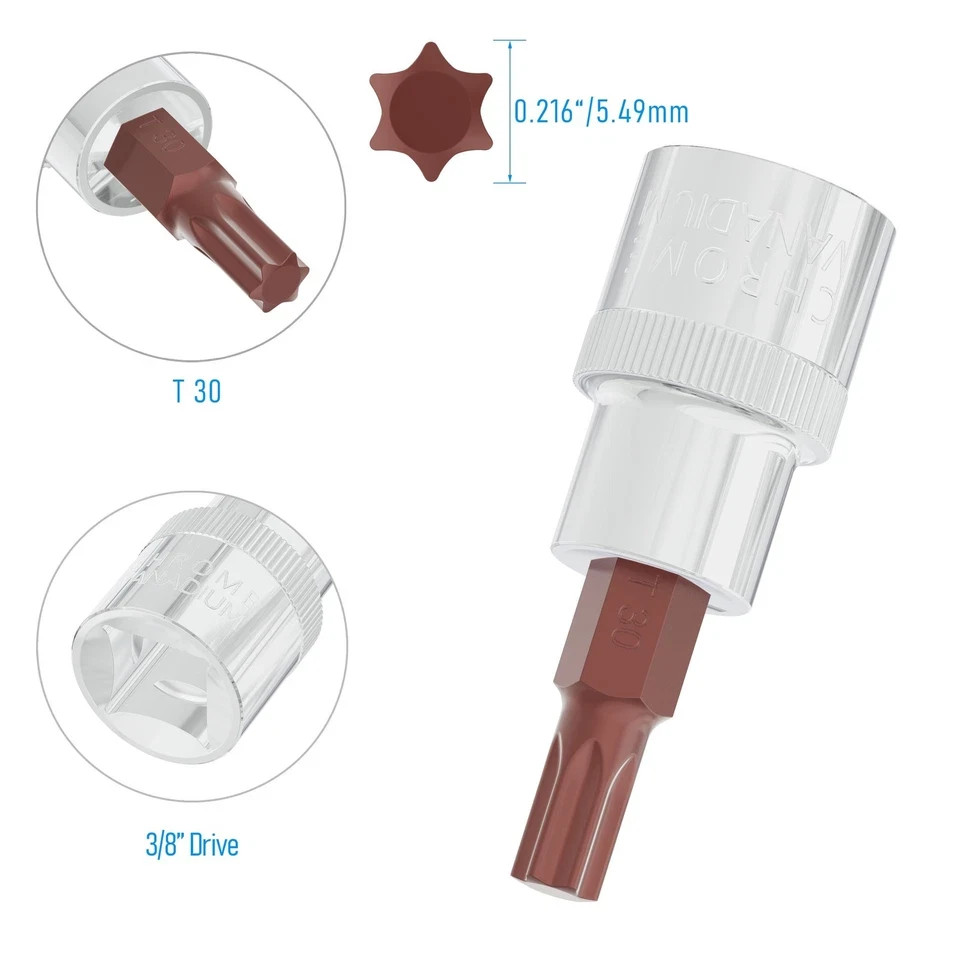 FOCMKEAS 3PCS 3/8″ Drive T30 Torx Bit Socket, S2 Steel T30, Silver, Dark Red